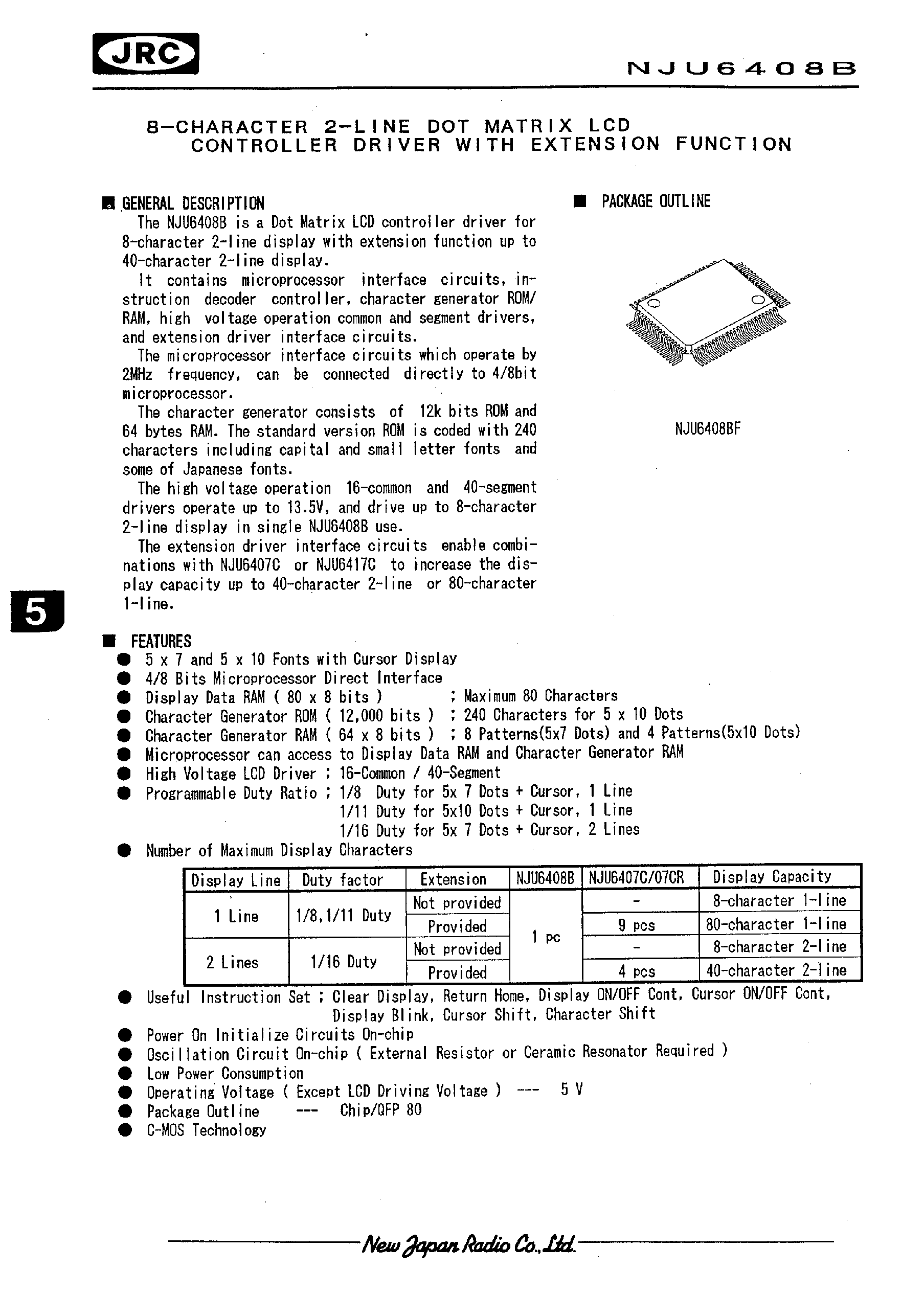 Даташит NJU6408B - 8-CHARACTER 2-LINE DOT MATRIX LCD CONTROLLER DRIVER WITH EXTENSION FUNCTION страница 1