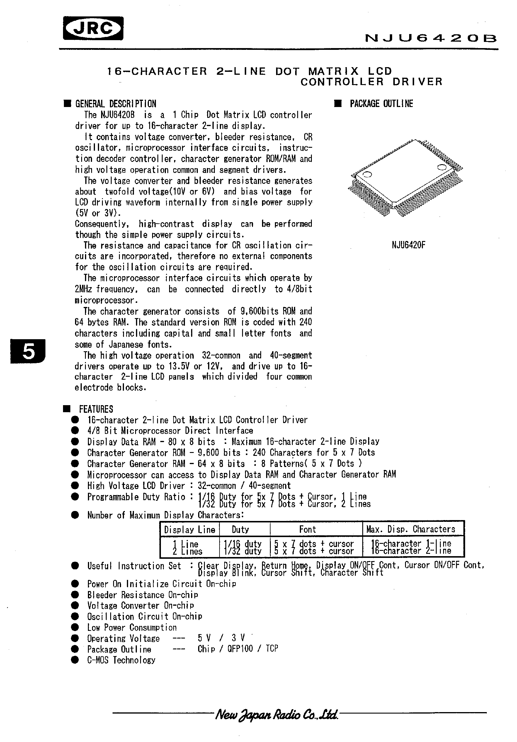 Даташит NJU6420 - 16-CHARACTER 2-LINE DOT MATRIX LCD CONTROLLER DRIVER страница 1