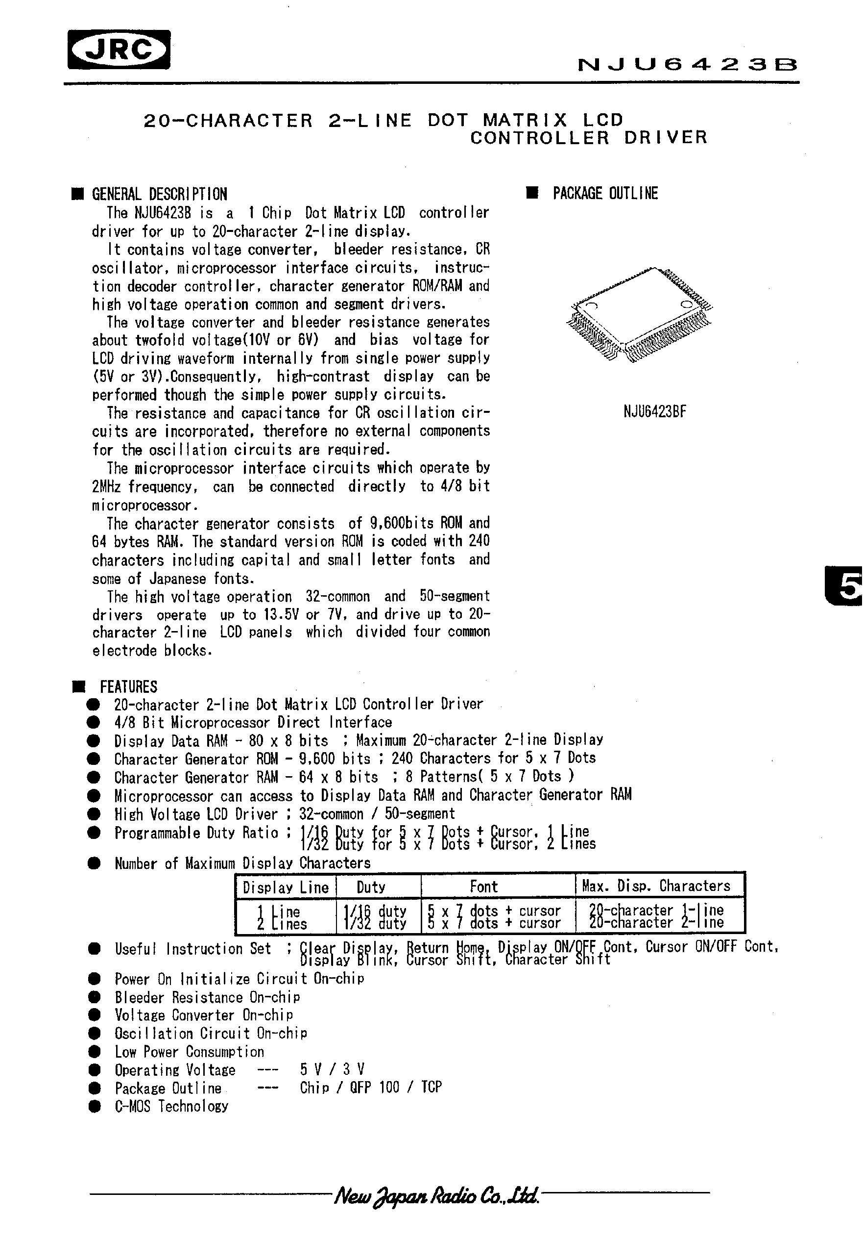 Даташит NJU6423 - 20-CHARACTER 2-LINE DOT MATRIX LCD CONTROLLER DRIVER страница 1