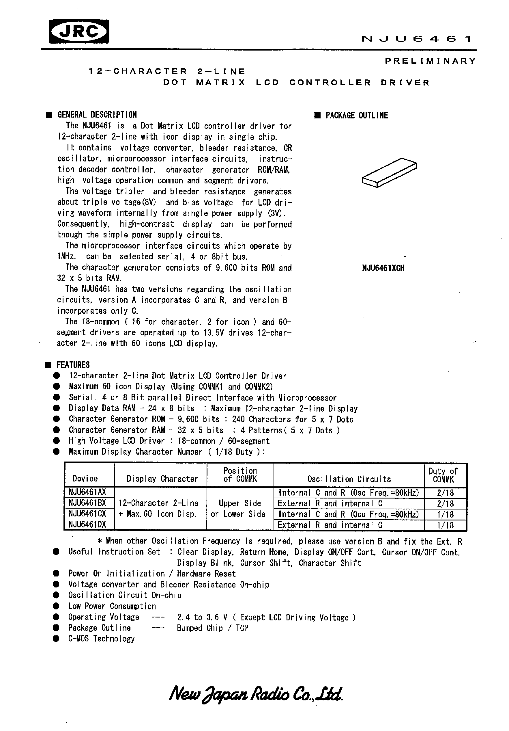 Даташит NJU6461 - 12-CHARACTER 2-LINE DOT MATRIX LCD CONTROLLER DRIVER страница 1