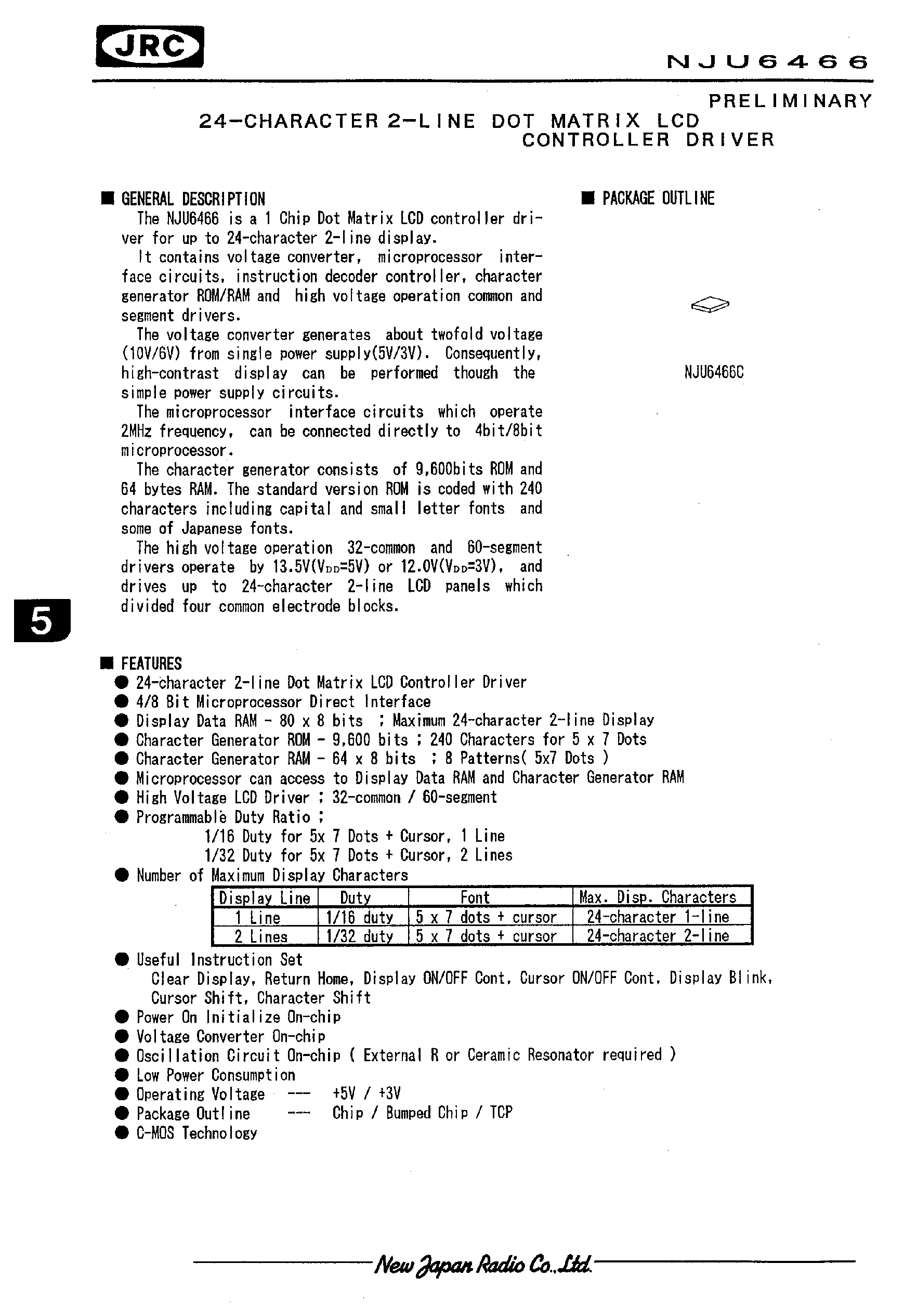Даташит NJU6466 - 24-CHARACTER 2-LINE DOT MATRIX LCD CONTROLLER DRIVER страница 1