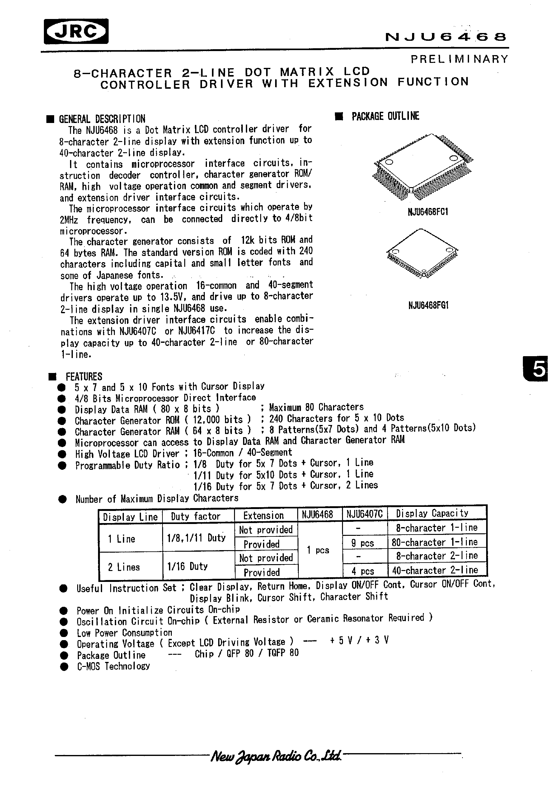 Даташит NJU6468 - 8-CHARACTER 2-LINE DOT MATRIX LCD CONTROLLER DRIVER WITH EXTENSION FUNCTION страница 1