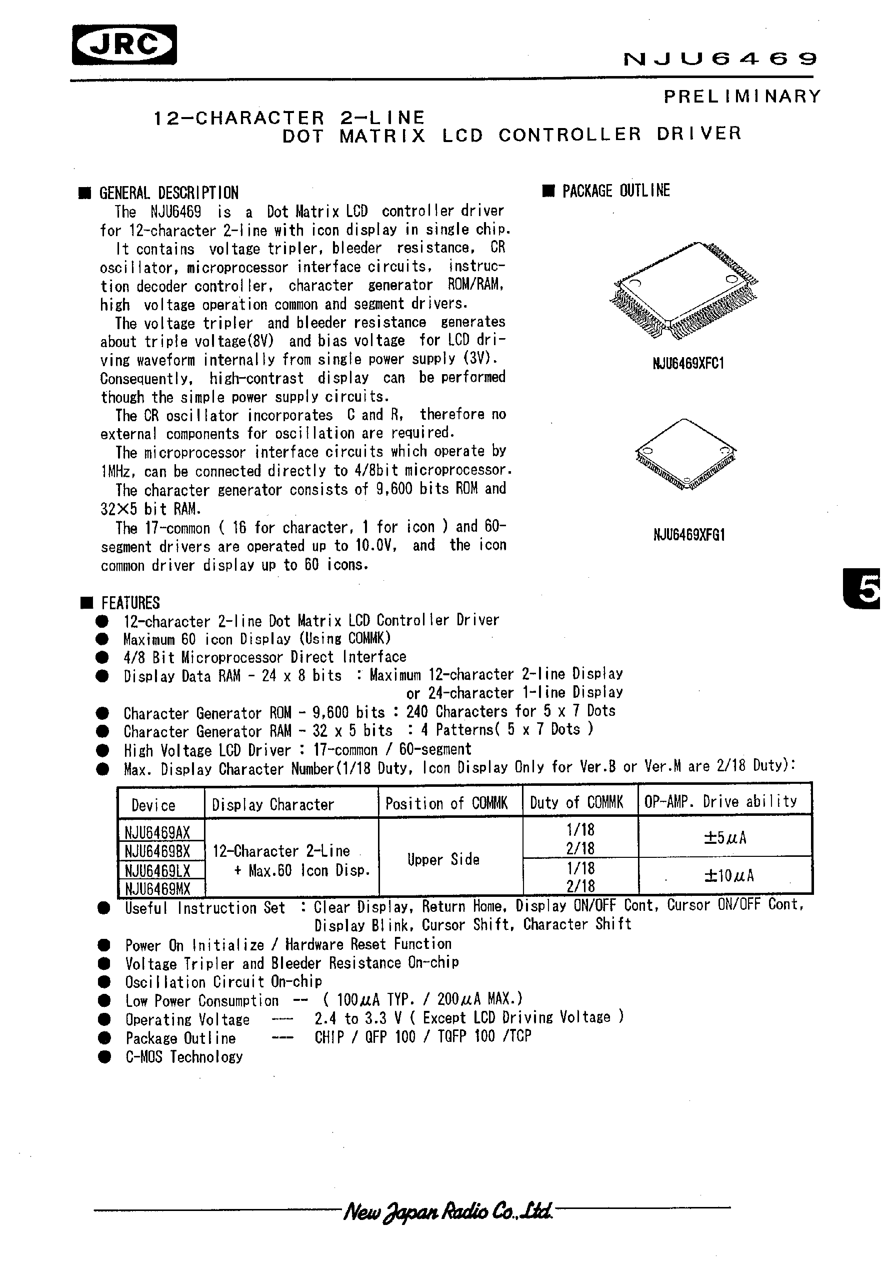 Даташит NJU6469 - 12-CHARACTER 2-LINE DOT MATRIX LCD CONTROLLER DRIVER страница 1