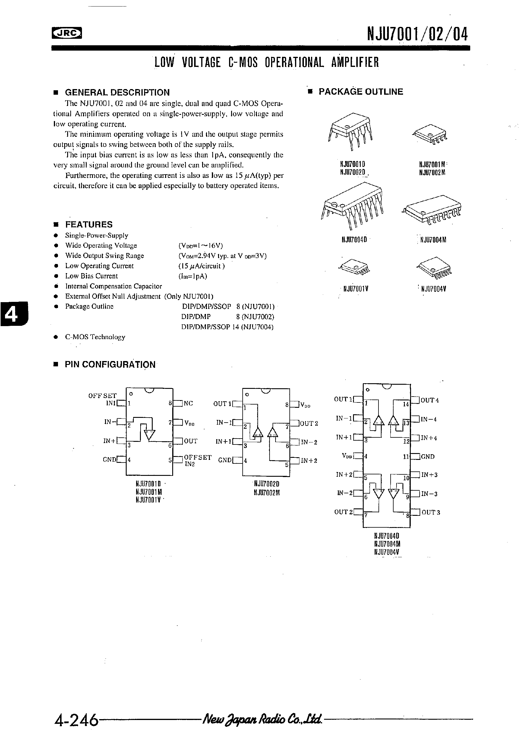 Datasheet NJU7002 - LOW VOLTAGE C-MOS OPERATIONAL AMPLIFIER page 1