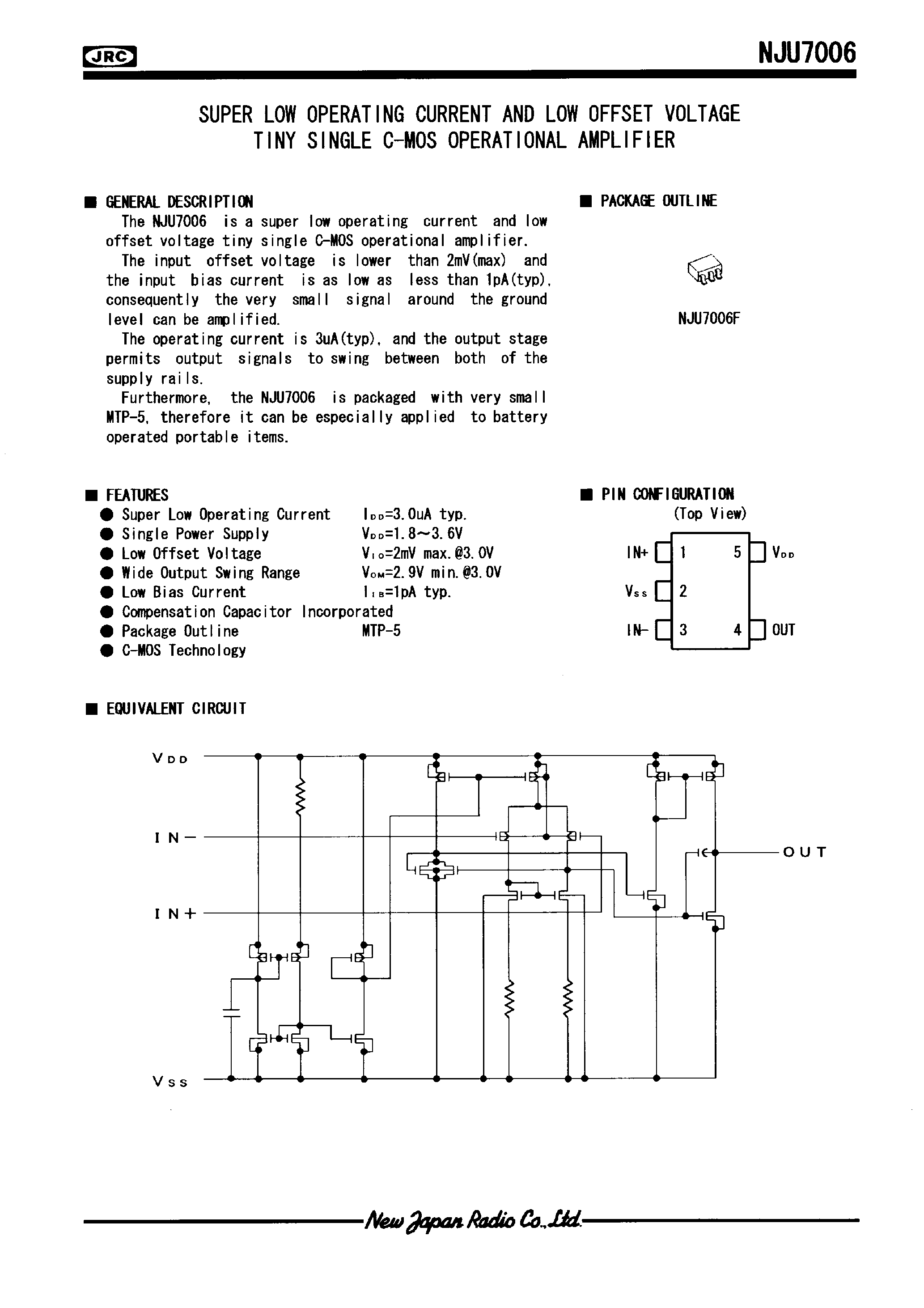 Datasheet NJU7011 - LOW-POWER TINY SINGLE C-MOS OPERATIONAL AMPLIFIER page 1