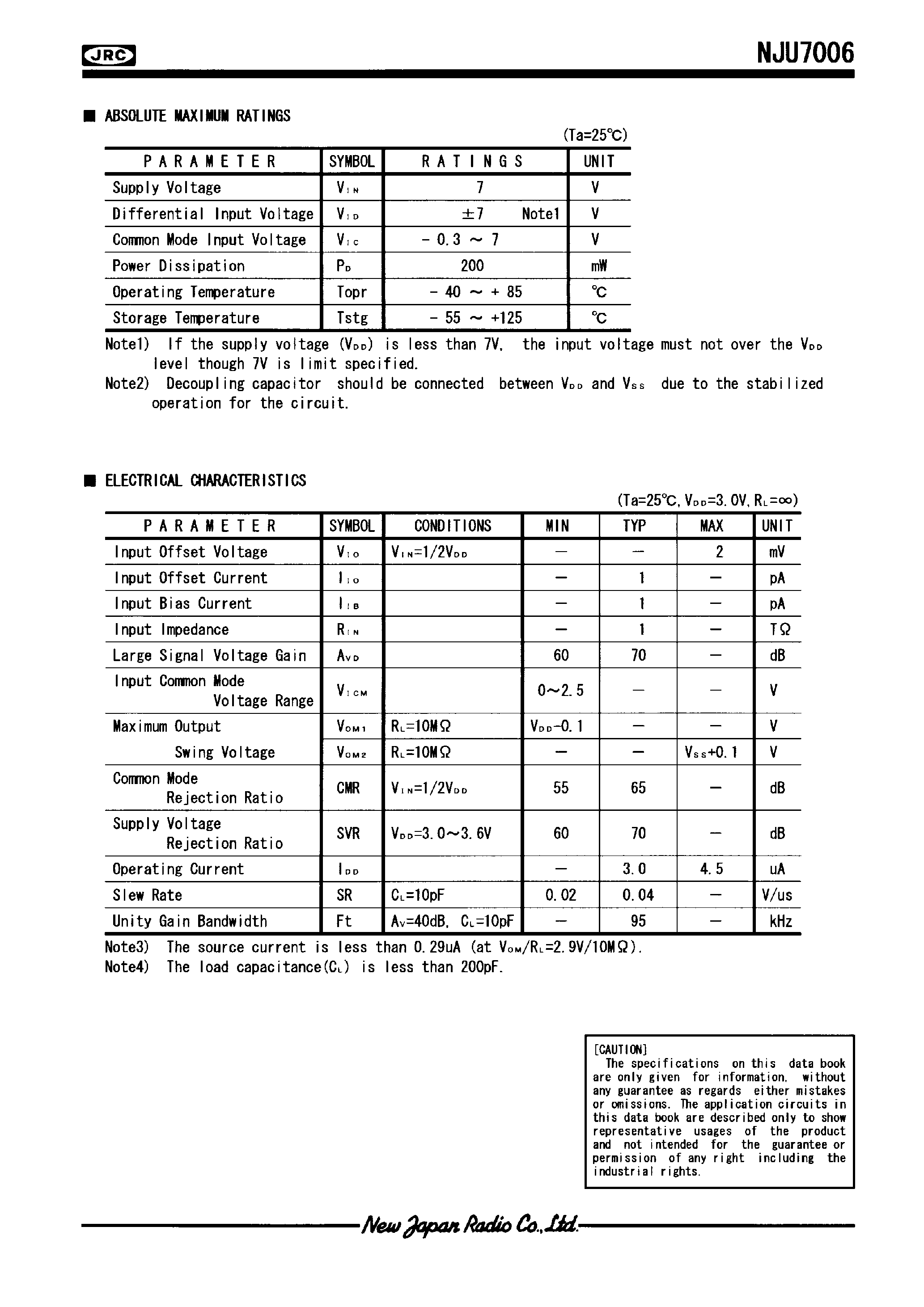 Datasheet NJU7011 - LOW-POWER TINY SINGLE C-MOS OPERATIONAL AMPLIFIER page 2