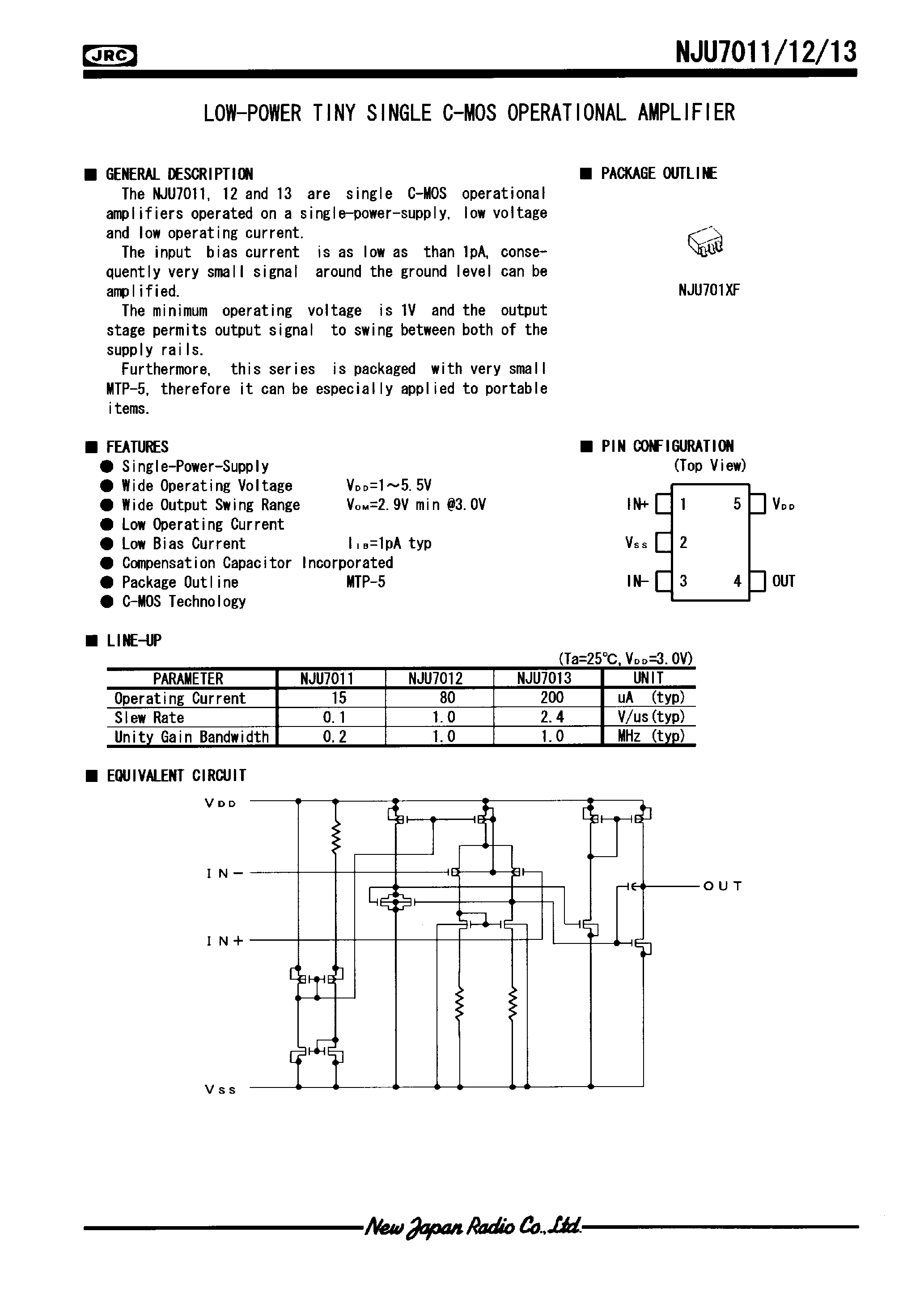 Datasheet NJU7012 - LOW-POWER TINY SINGLE C-MOS OPERATIONAL AMPLIFIER page 1