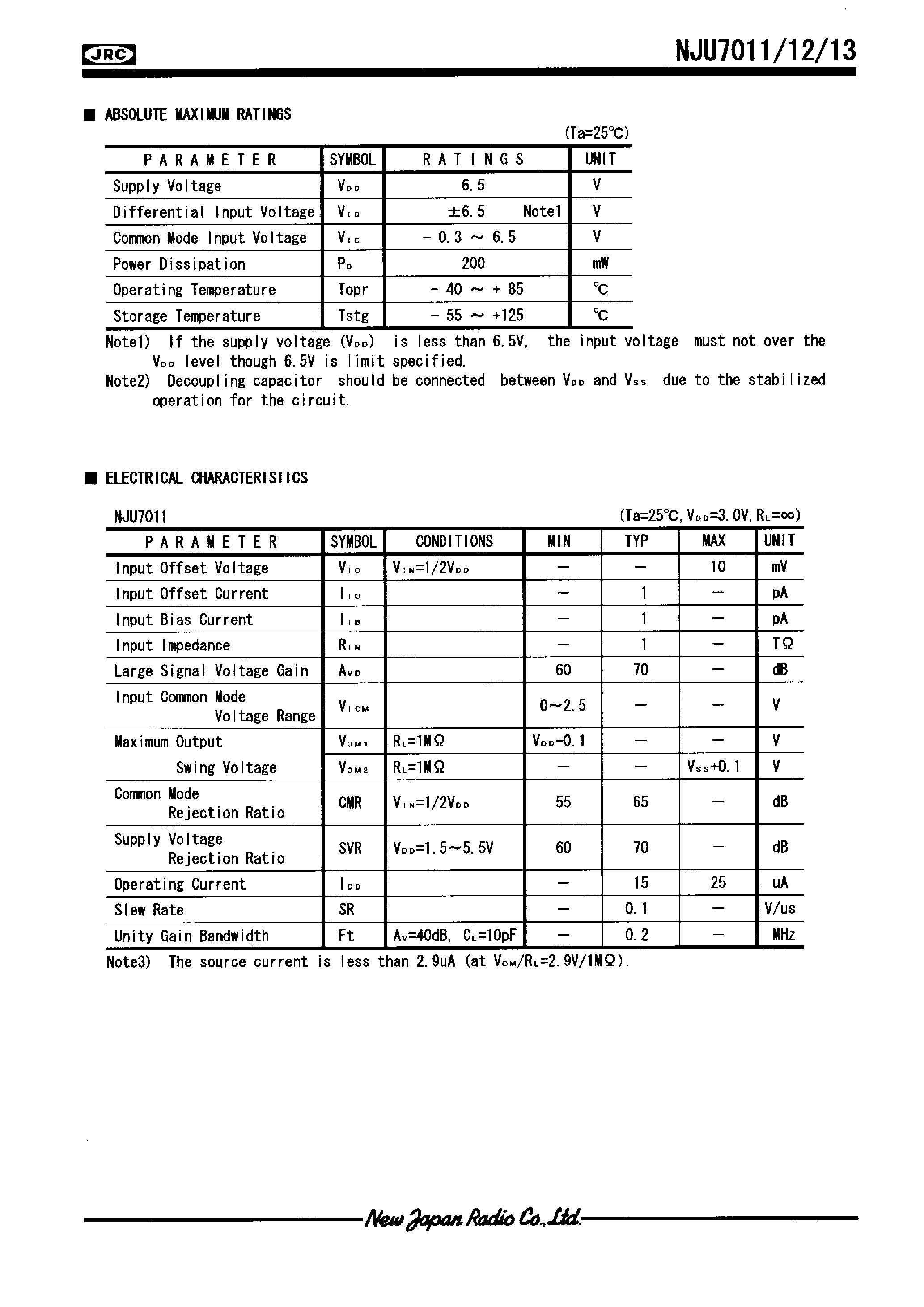 Datasheet NJU7012 - LOW-POWER TINY SINGLE C-MOS OPERATIONAL AMPLIFIER page 2