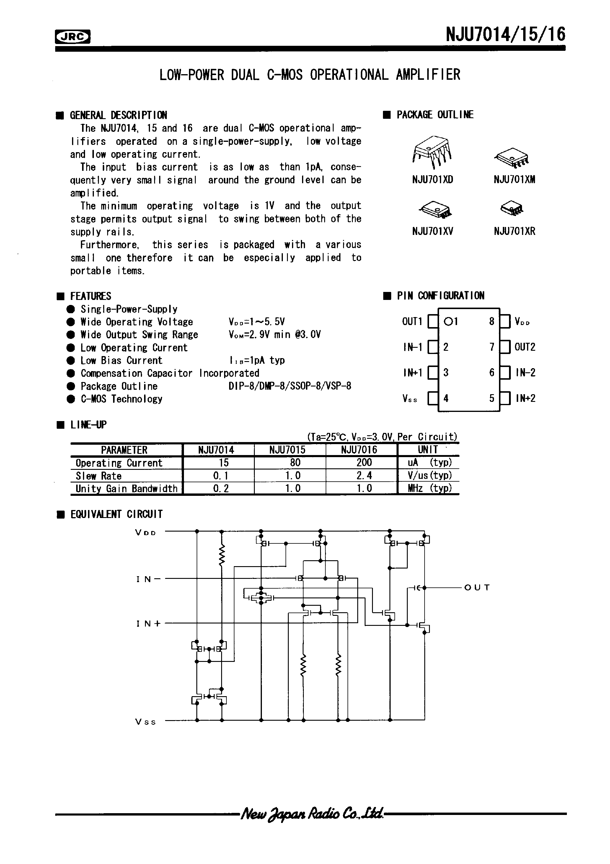 Datasheet NJU7015 - LOW-POWER DUAL C-MOS OPERATIONAL AMPLIFIER page 1