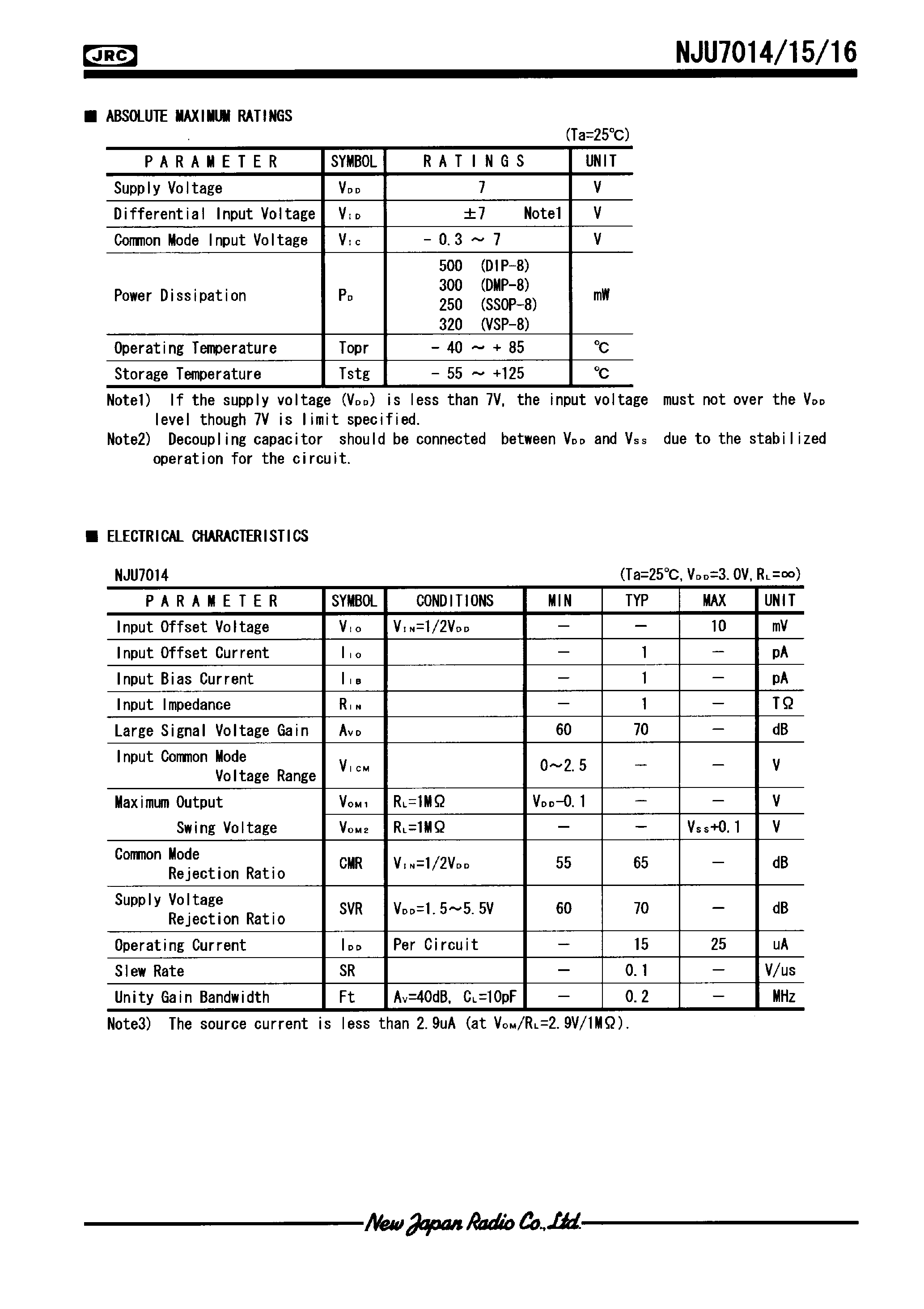 Datasheet NJU7015 - LOW-POWER DUAL C-MOS OPERATIONAL AMPLIFIER page 2