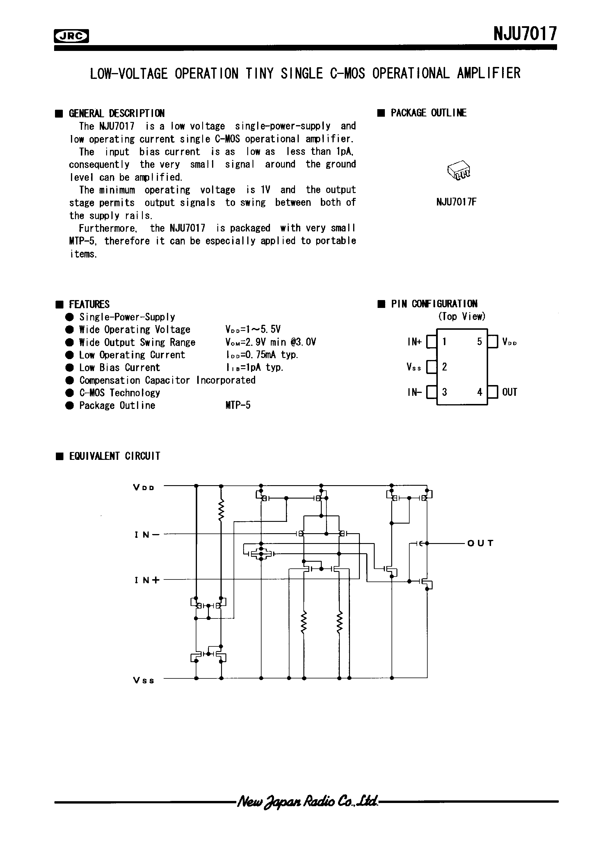 Datasheet NJU7018 - LOW-VOLTAGE OPERATION DUAL C-MOS OPERATIONAL AMPLIFIER page 1