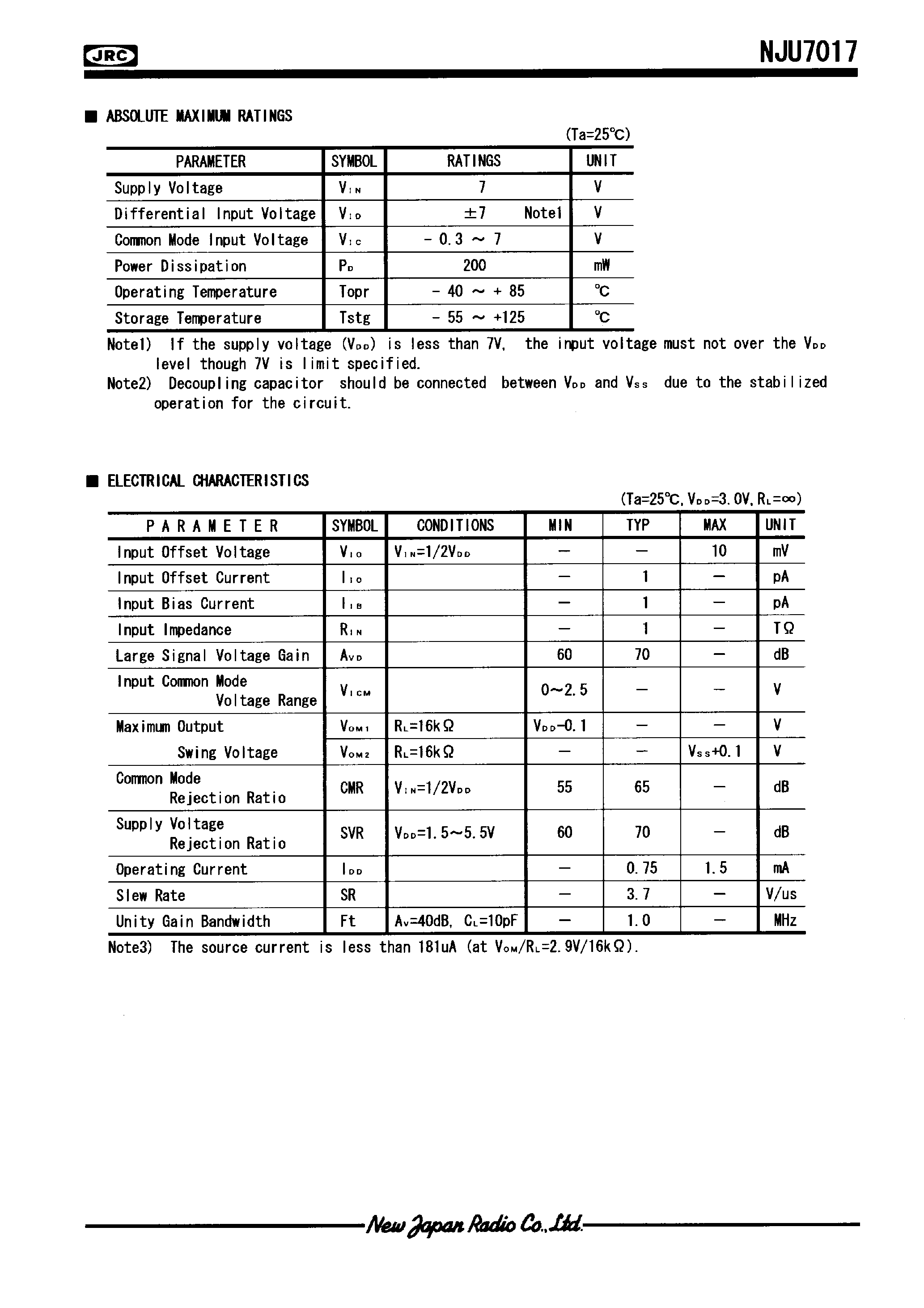 Datasheet NJU7018 - LOW-VOLTAGE OPERATION DUAL C-MOS OPERATIONAL AMPLIFIER page 2