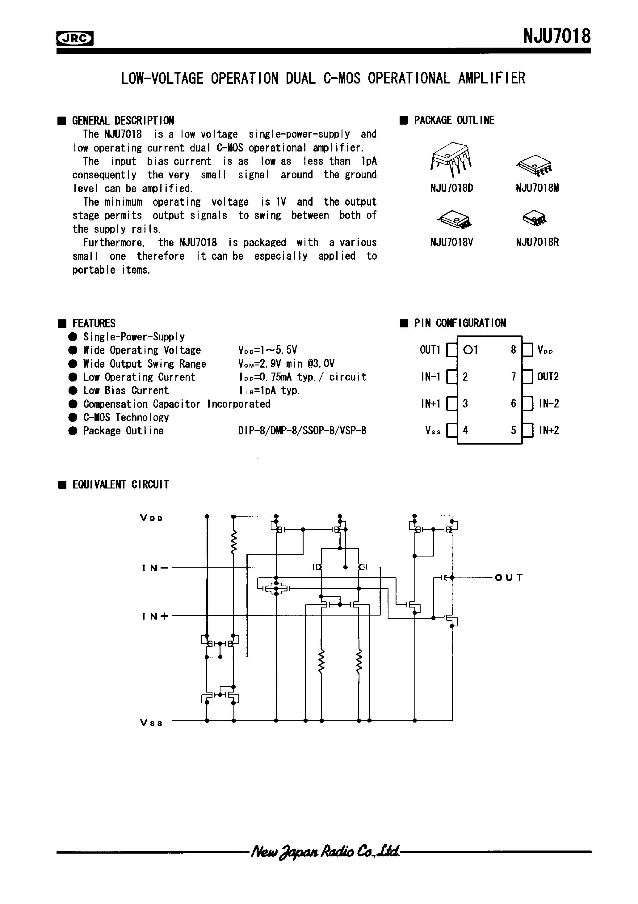 Datasheet NJU7019 - LOW-VOLTAGE OPERATION DUAL C-MOS OPERATIONAL AMPLIFIER page 1