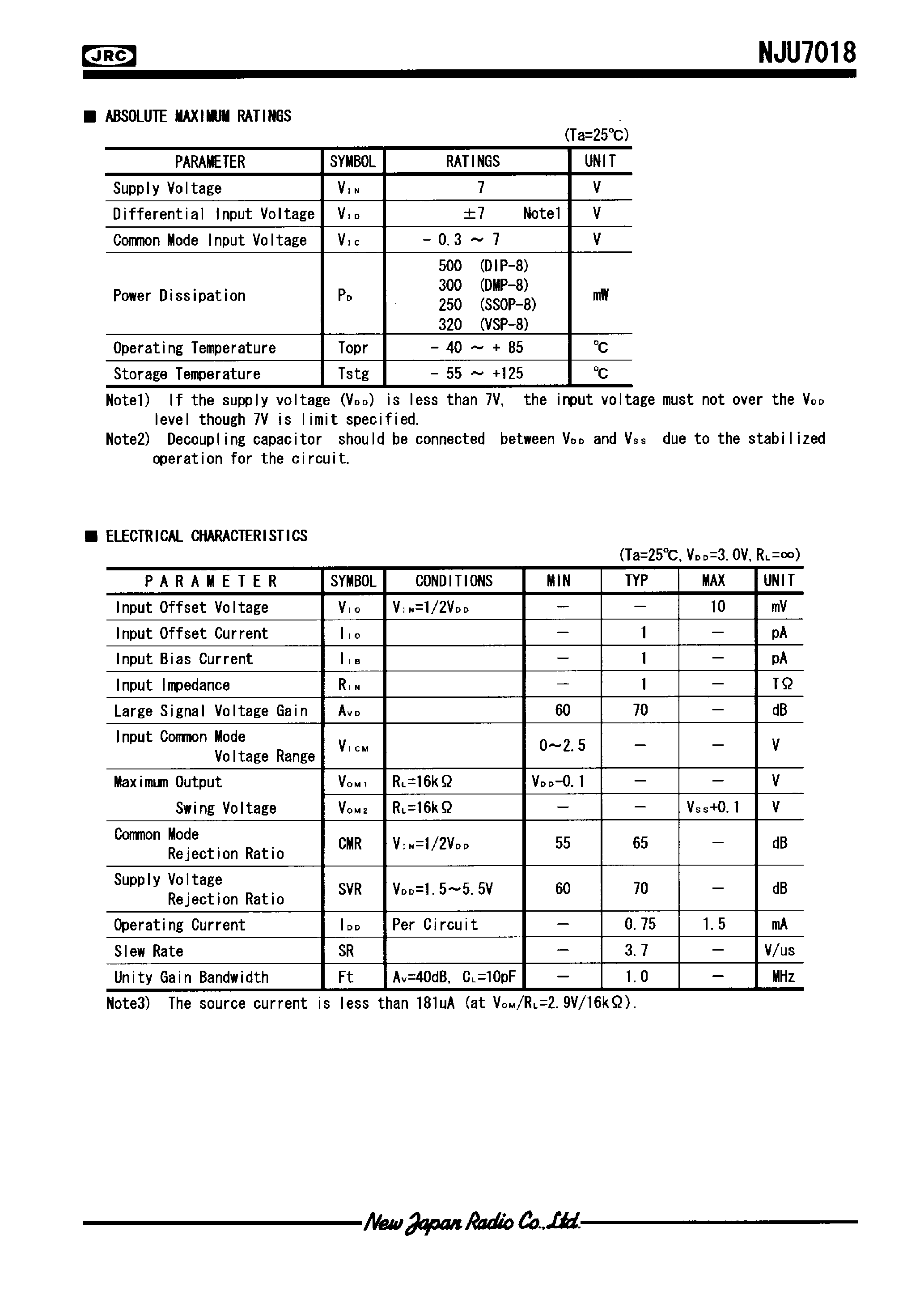 Datasheet NJU7019 - LOW-VOLTAGE OPERATION DUAL C-MOS OPERATIONAL AMPLIFIER page 2