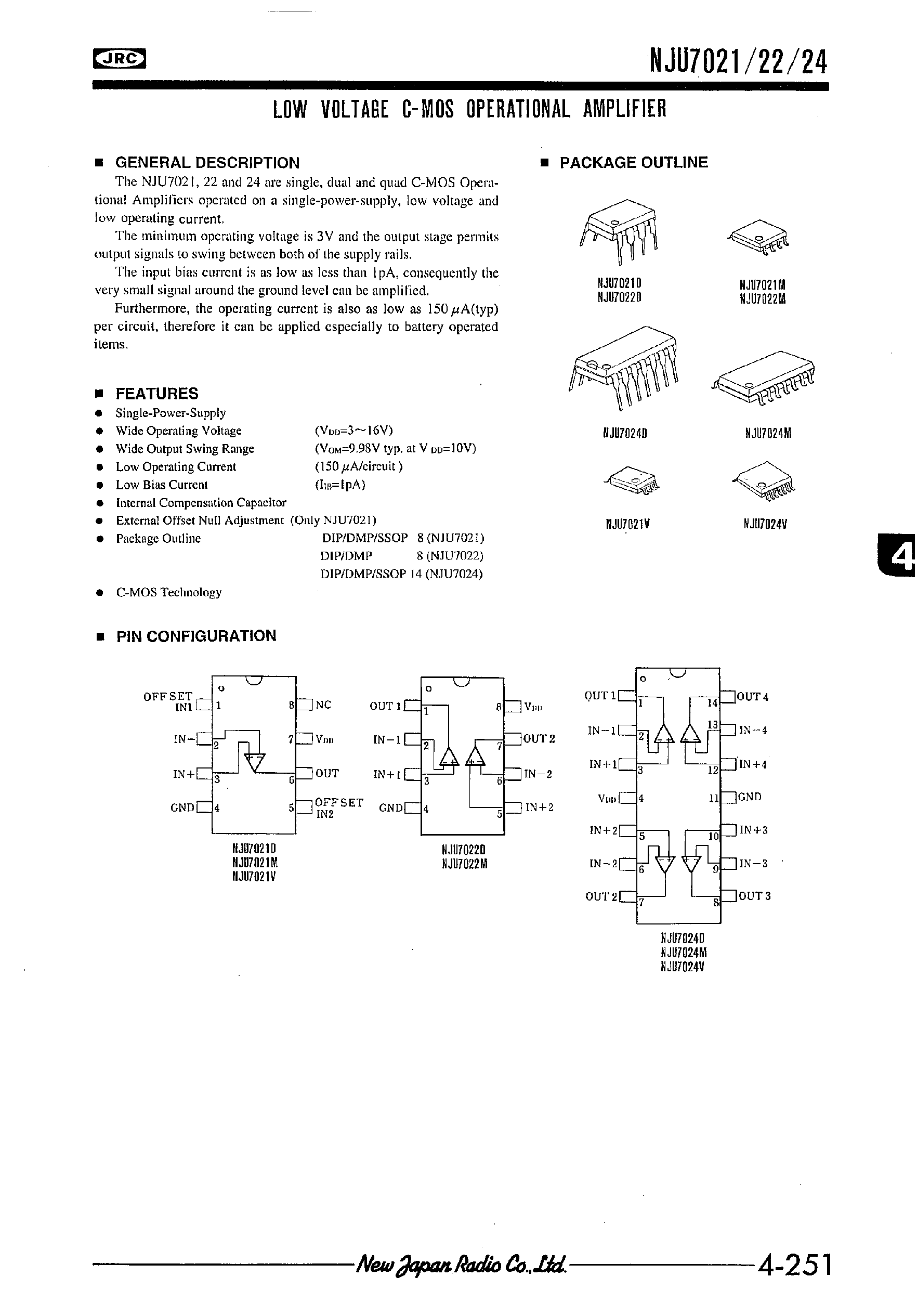 Datasheet NJU7022 - LOW VOLTAGE C-MOS OPERATIONAL AMPLIFIER page 1