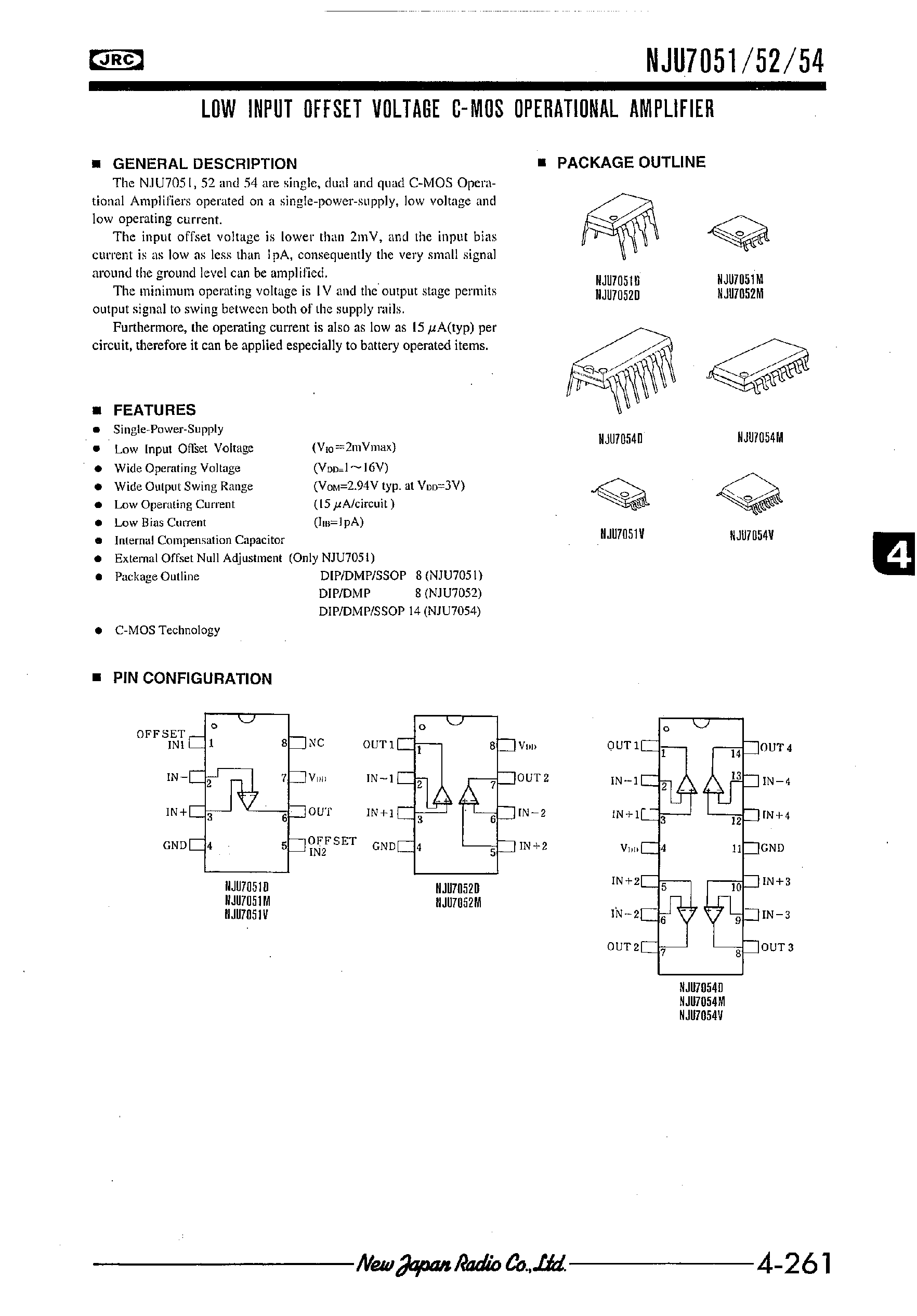 Datasheet NJU7051 - LOW INPUT OFFSET VOLTAGE C-MOS OPERATIONAL AMPLIFIER page 1