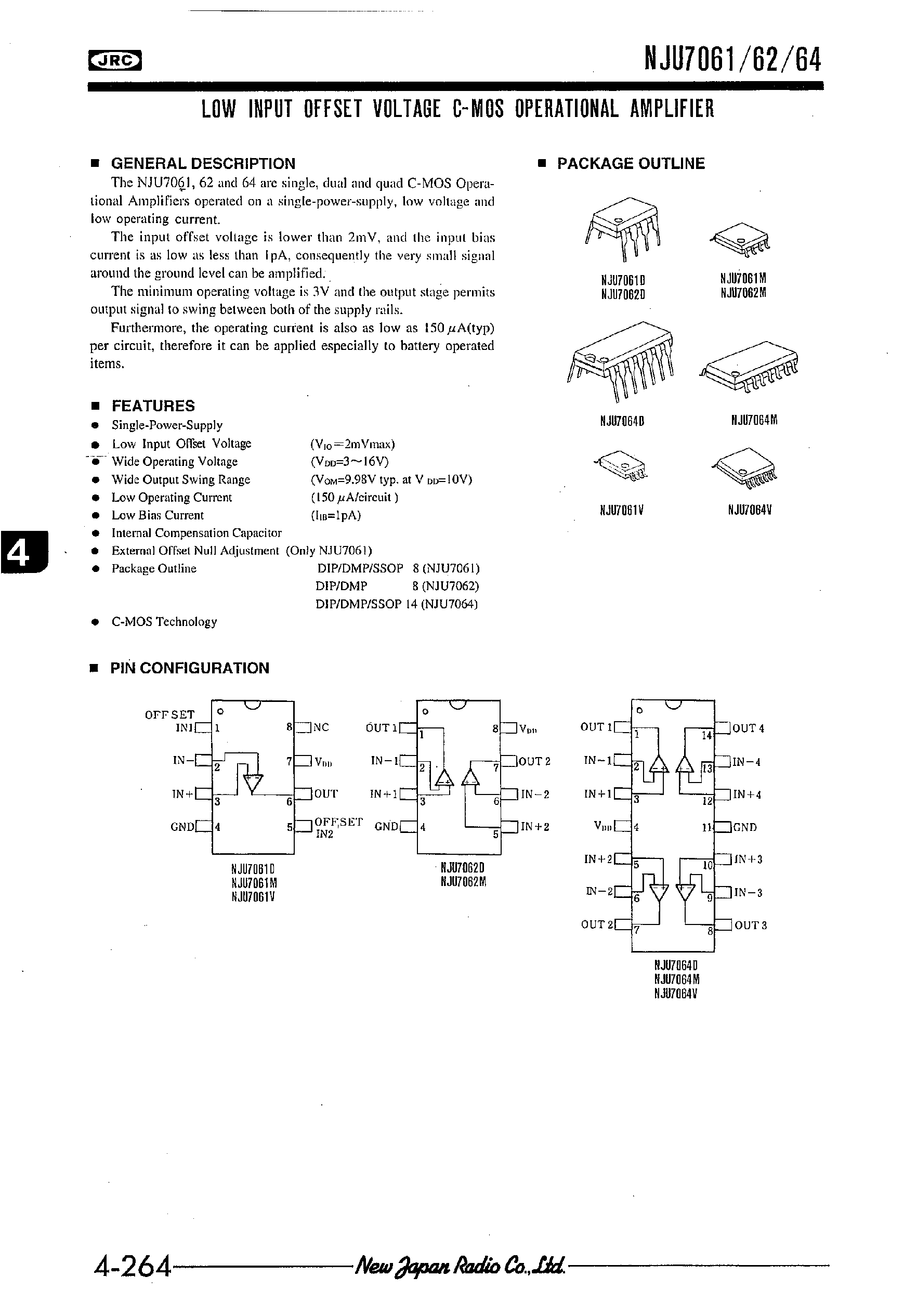 Datasheet NJU7061 - LOW INPUT OFFSET VOLTAGE C-MOS OPERATIONAL AMPLIFIER page 1