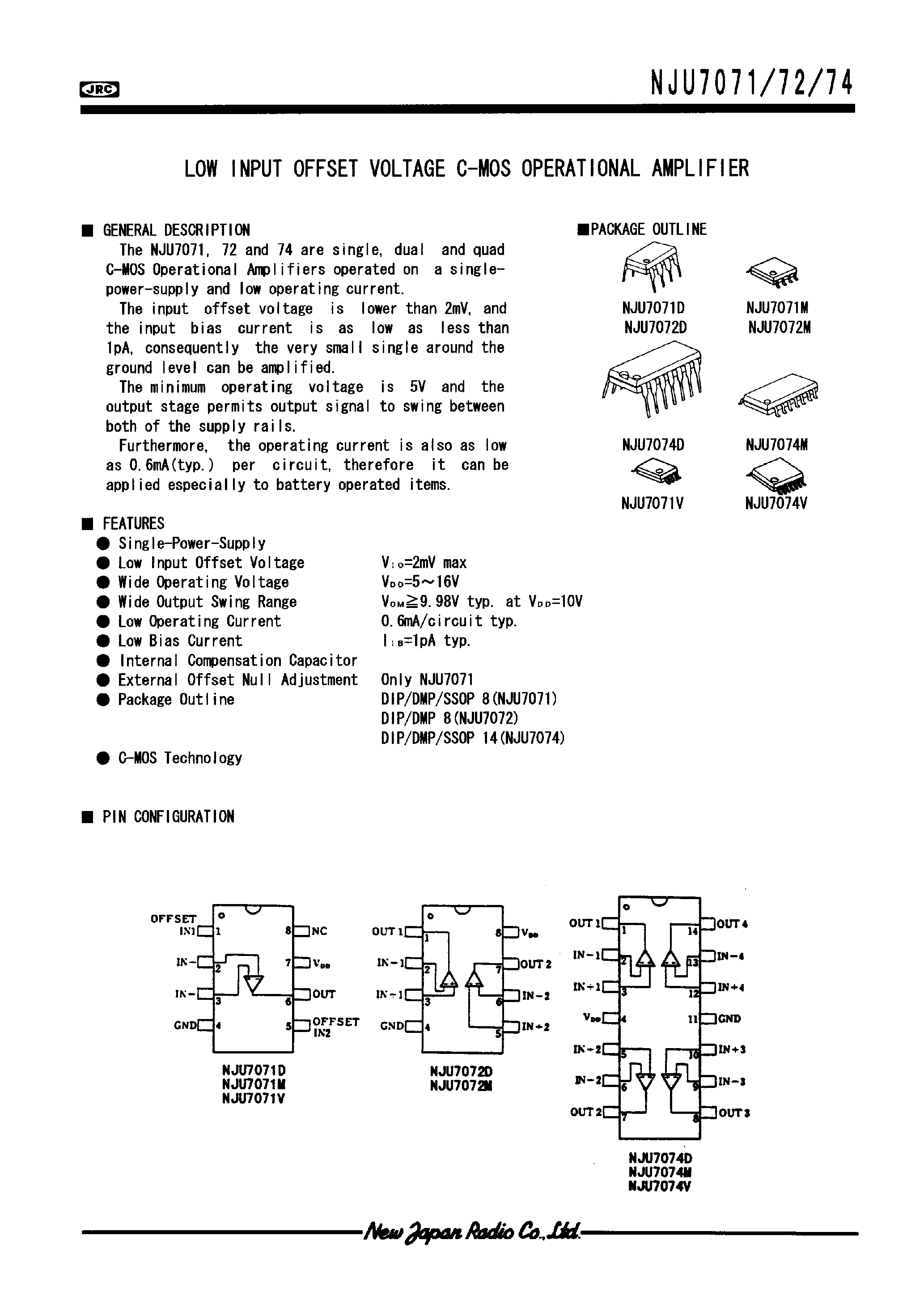 Datasheet NJU7071 - LOW INPUT OFFSET VOLTAGE C-MOS OPERATIONAL AMPLIFIER page 1