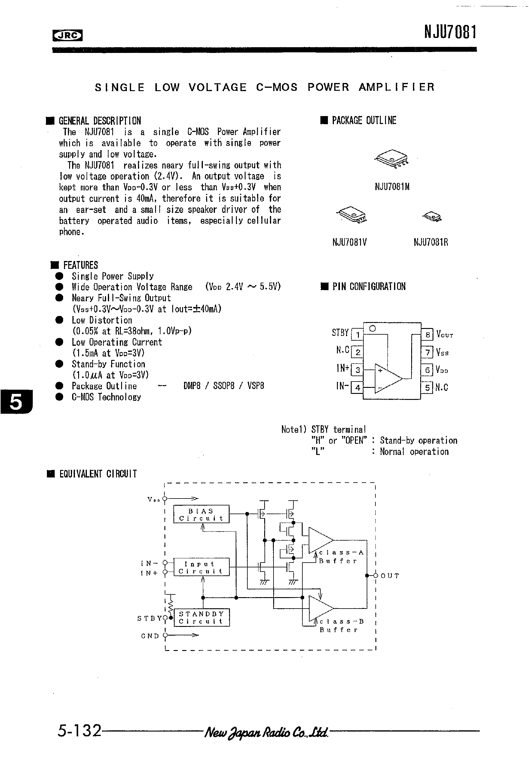 Datasheet NJU7081 - SINGLE LOW VOLTAGE C-MOS POWER AMPLIFIER page 1