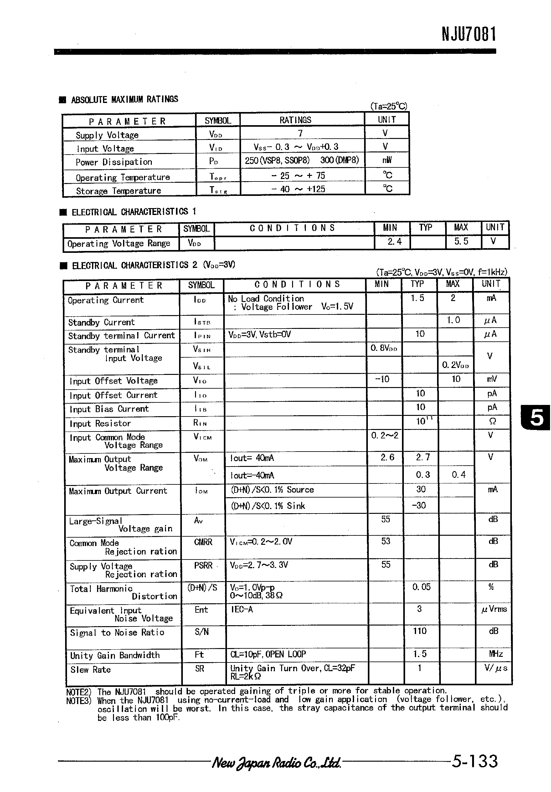 Datasheet NJU7081 - SINGLE LOW VOLTAGE C-MOS POWER AMPLIFIER page 2