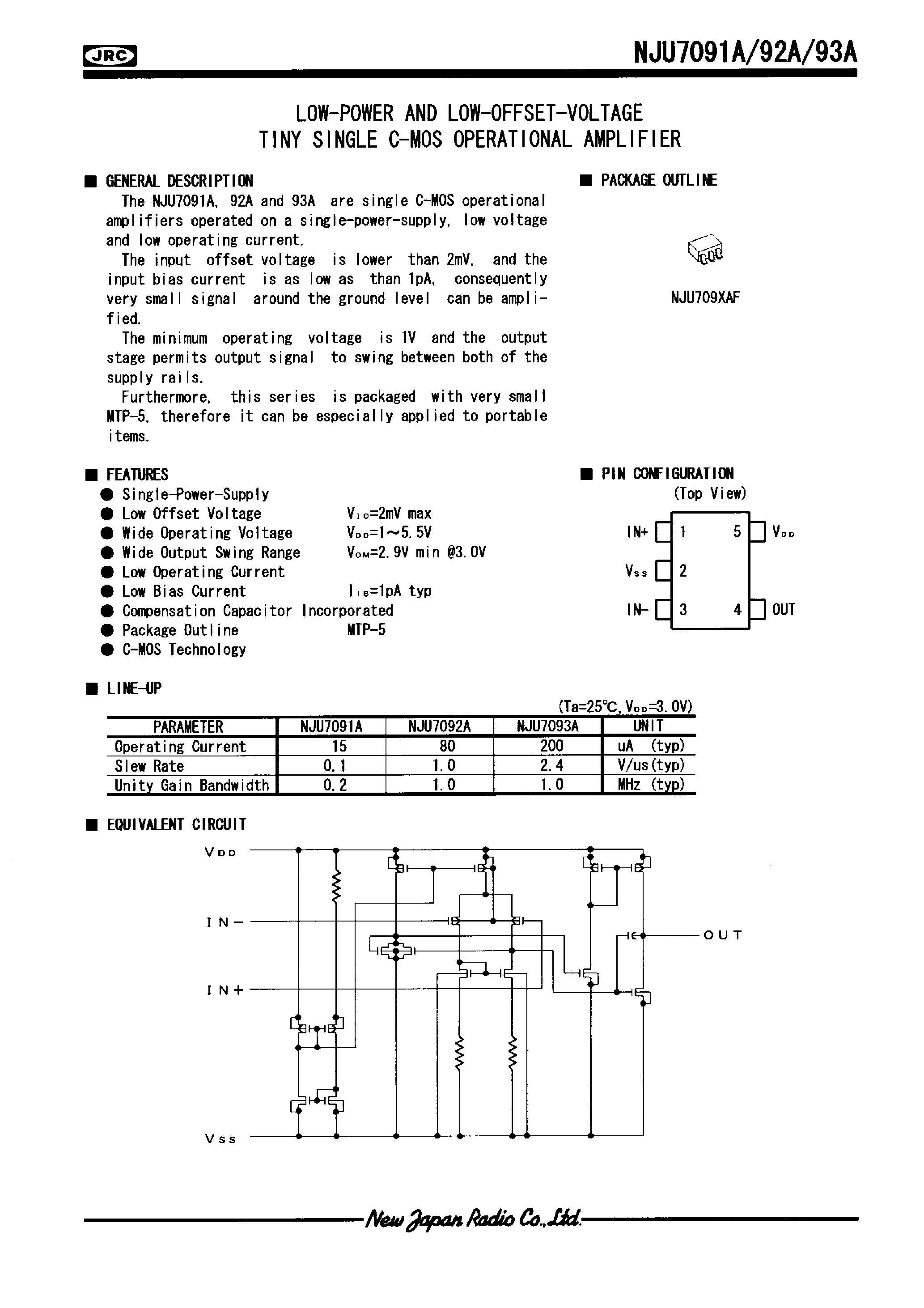 Datasheet NJU7091 - LOW-POWER AND LOW-OFFSET-VOLTAGE TINY SINGLE C-MOS OPERATIONAL AMPLIFIER page 1