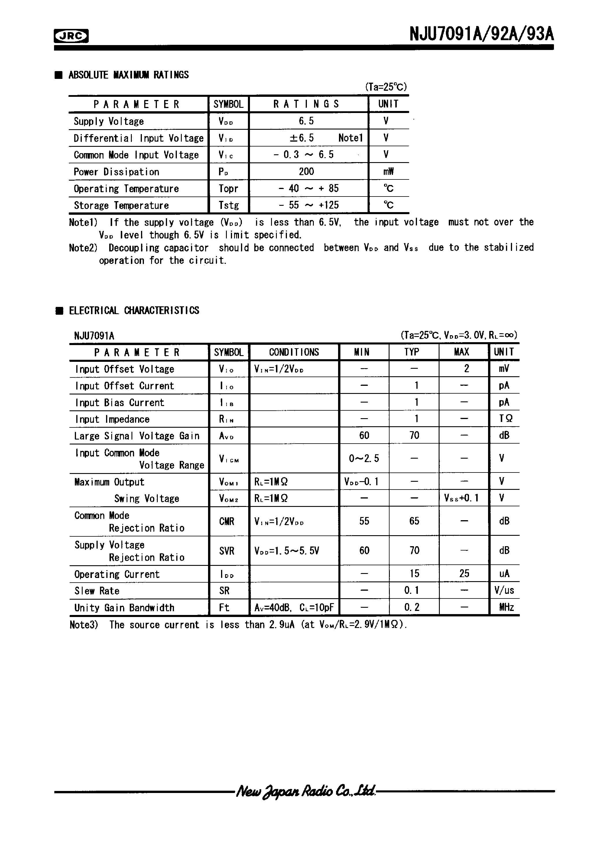 Datasheet NJU7091 - LOW-POWER AND LOW-OFFSET-VOLTAGE TINY SINGLE C-MOS OPERATIONAL AMPLIFIER page 2