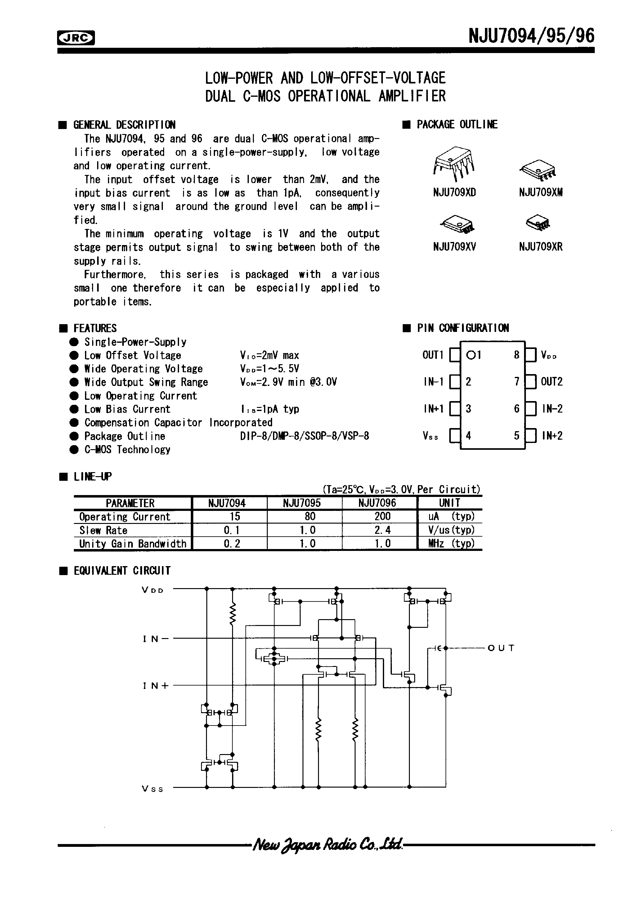 Datasheet NJU7094 - LOW-POWER AND LOW-OFFSET-VOLTAGE DUAL C-MOS OPERATIONAL AMPLIFIER page 1