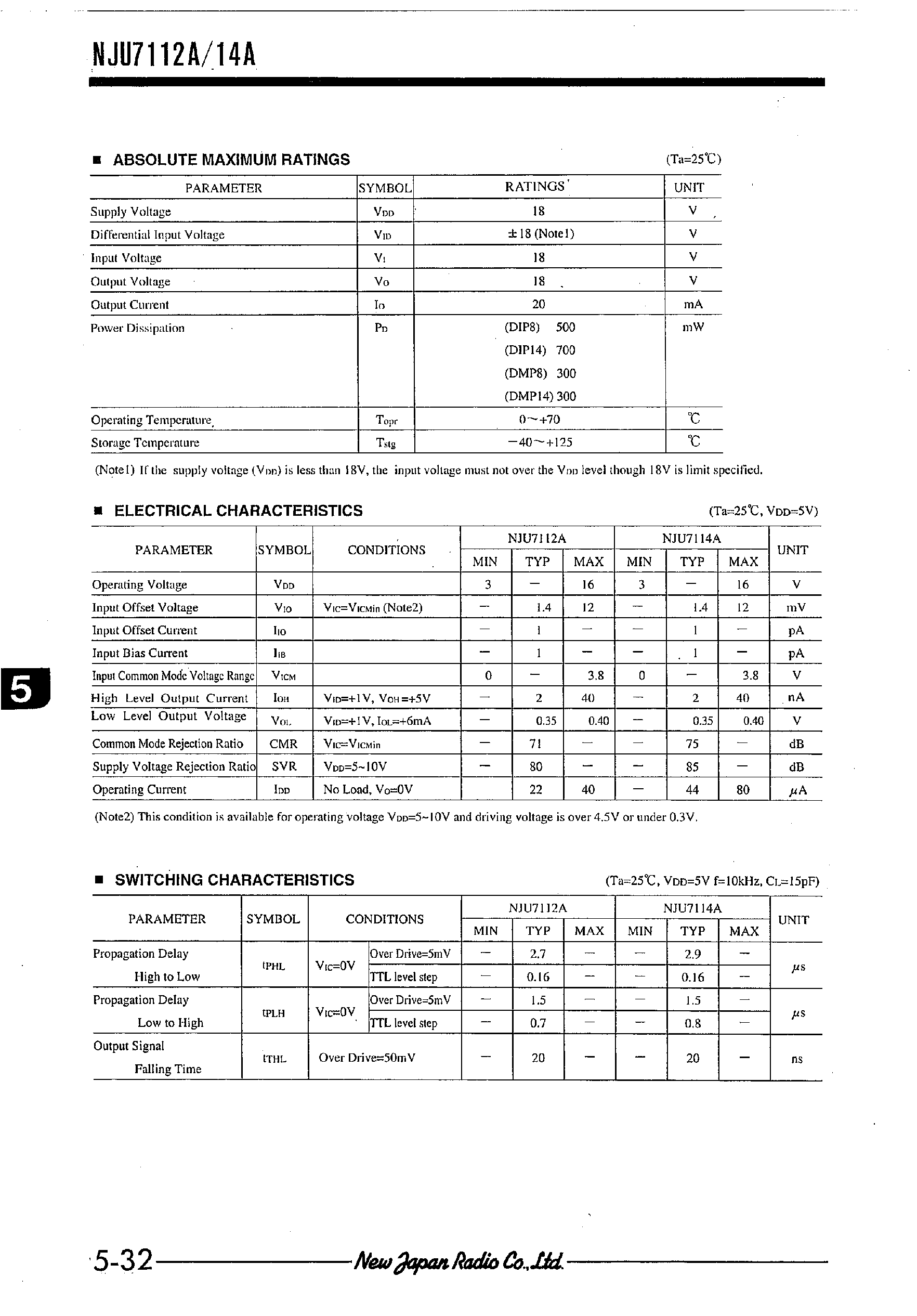 Datasheet NJU7112A - C-MOS COMPARATOR WITH OPEN DRAIN OUTPUT page 2