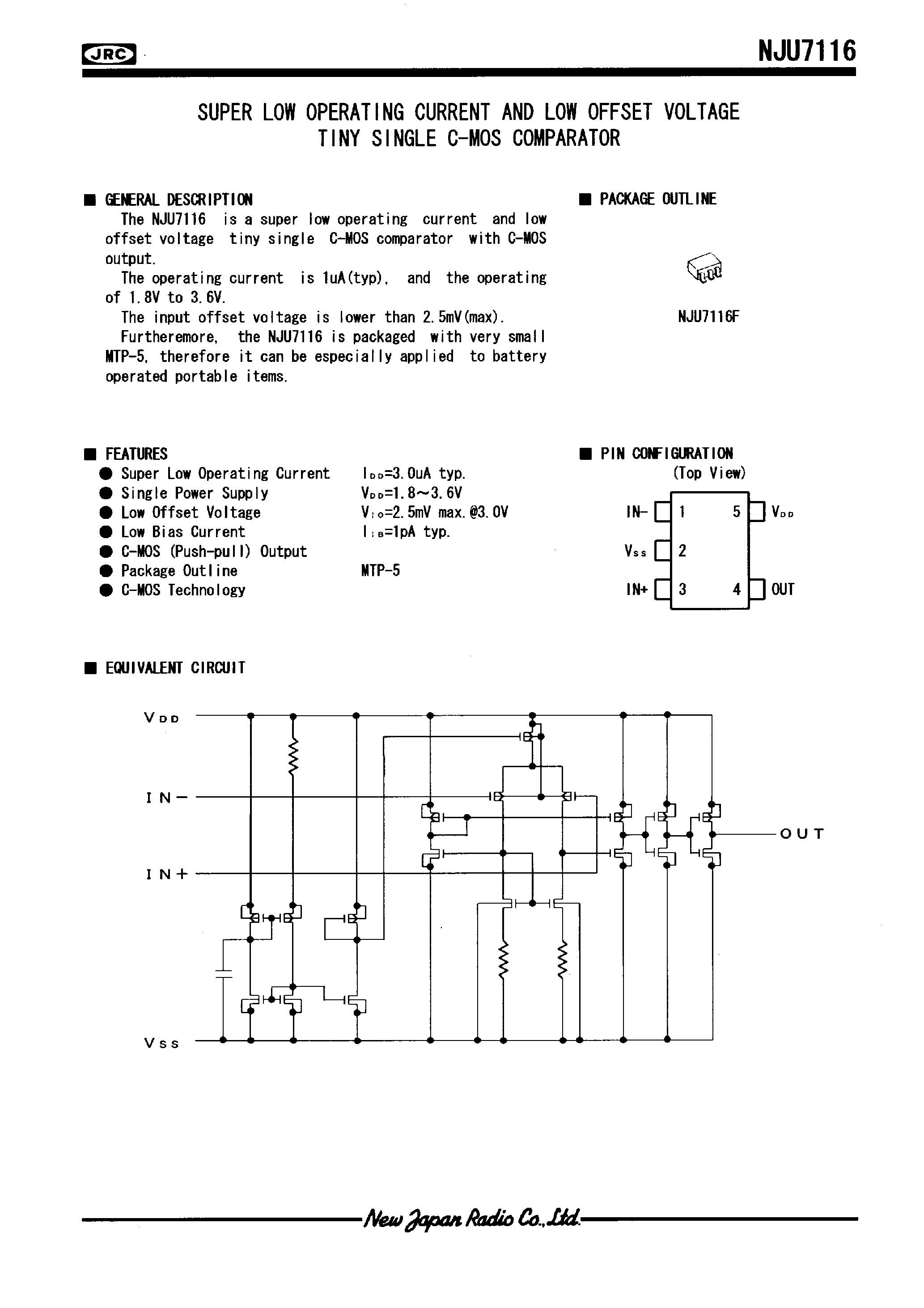 Datasheet NJU7116 - SUPER LOW OPERATING CURRENT AND LOW OFFSET VOLTAGE TINY SINGLE C-MOS COMPARATOR page 1