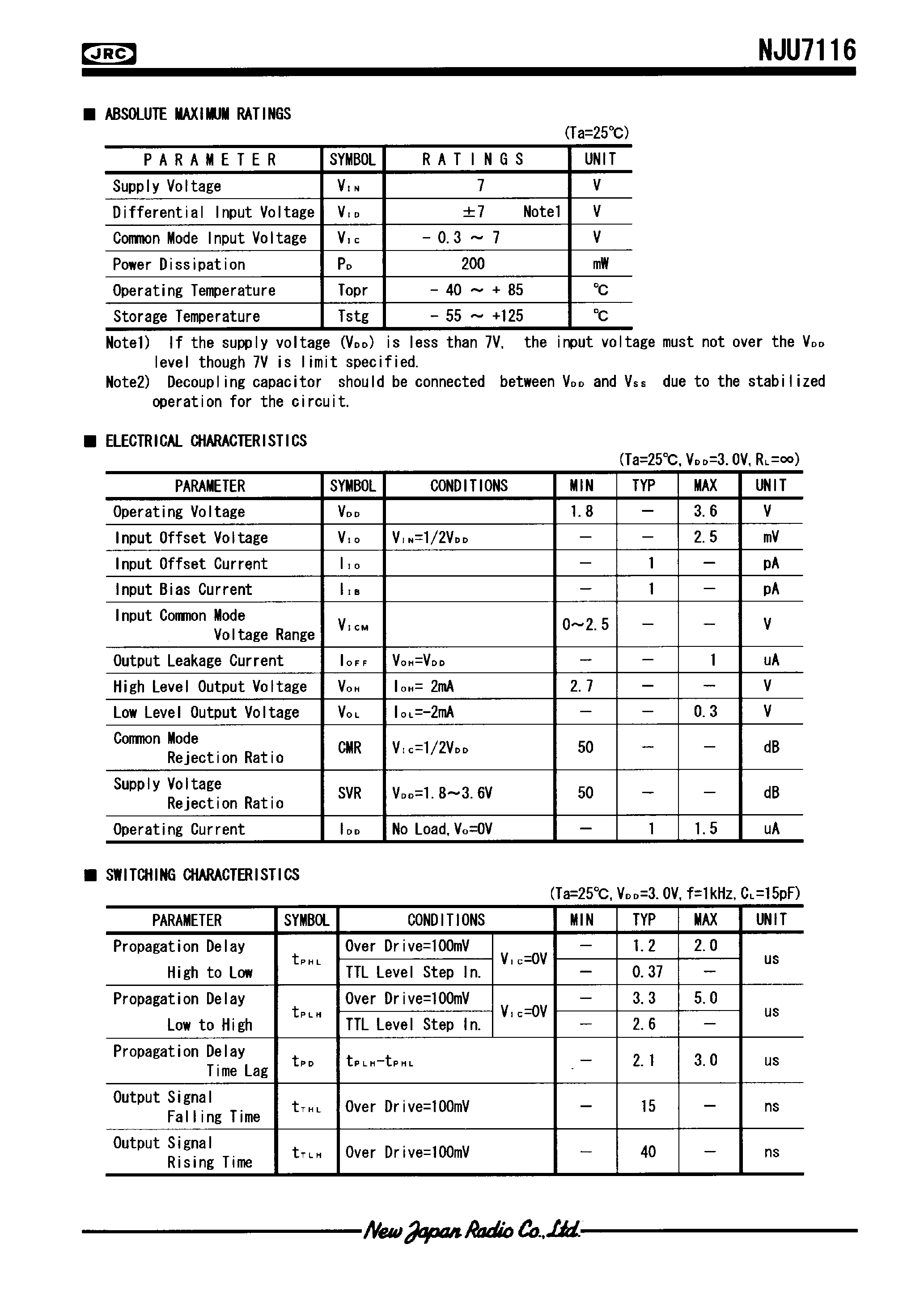 Datasheet NJU7116 - SUPER LOW OPERATING CURRENT AND LOW OFFSET VOLTAGE TINY SINGLE C-MOS COMPARATOR page 2