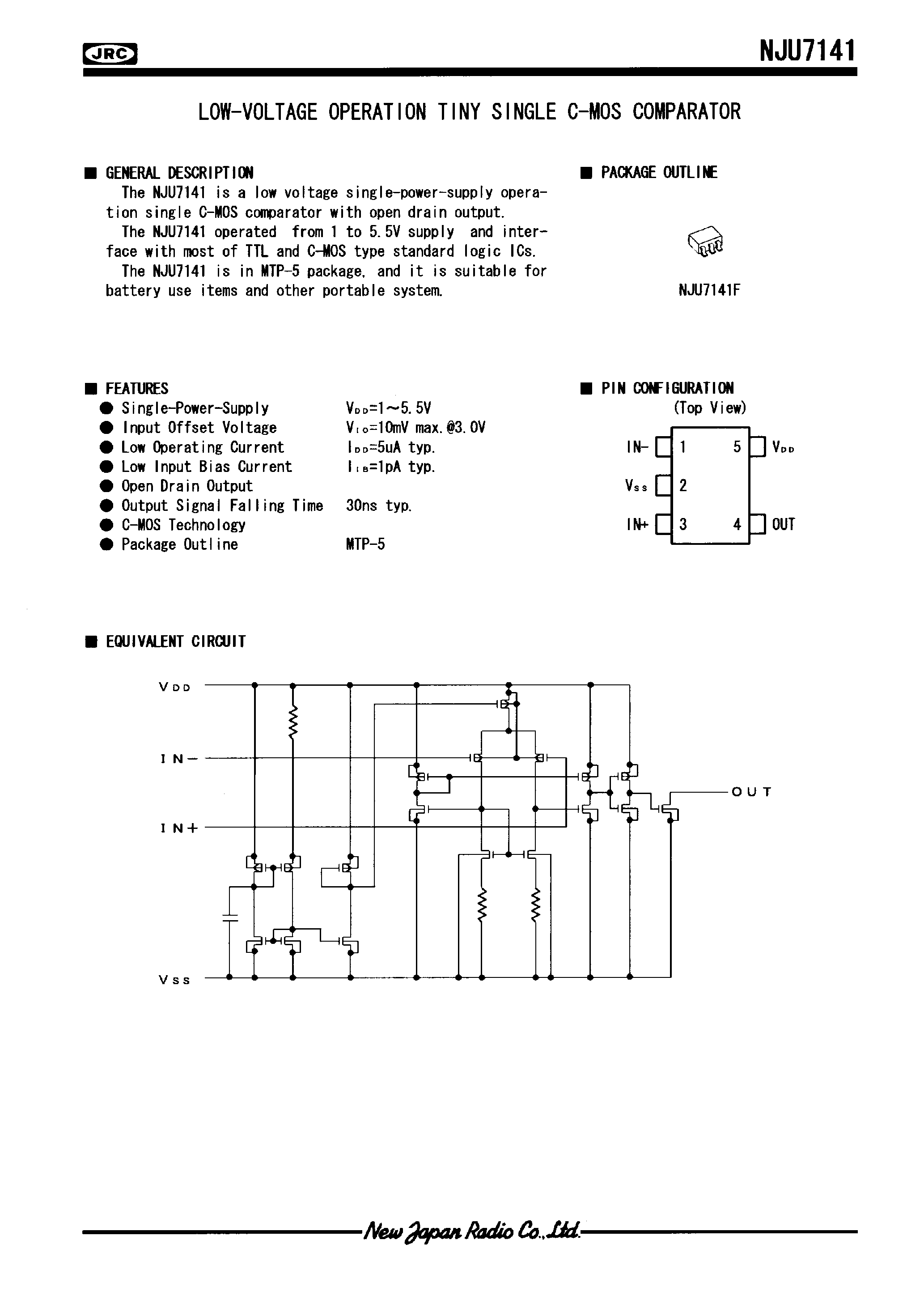 Datasheet NJU7141 - LOW-VOLTAGE OPERATION TINY SINGLE C-MOS COMPARATOR page 1