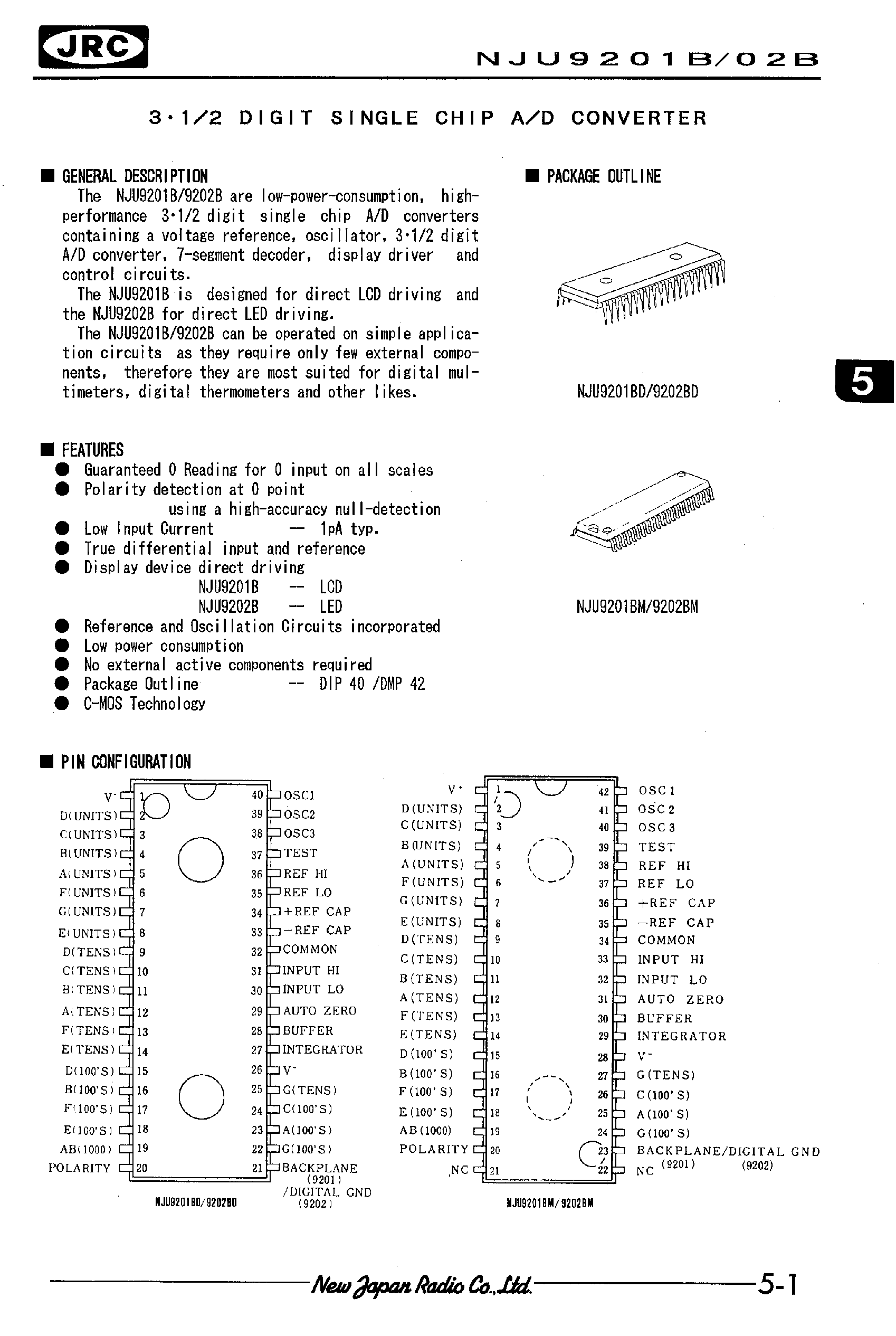 Даташит NJU9201 - 3.1/2 DIGIT SINGLE CHIP A/D CONVERTER страница 1