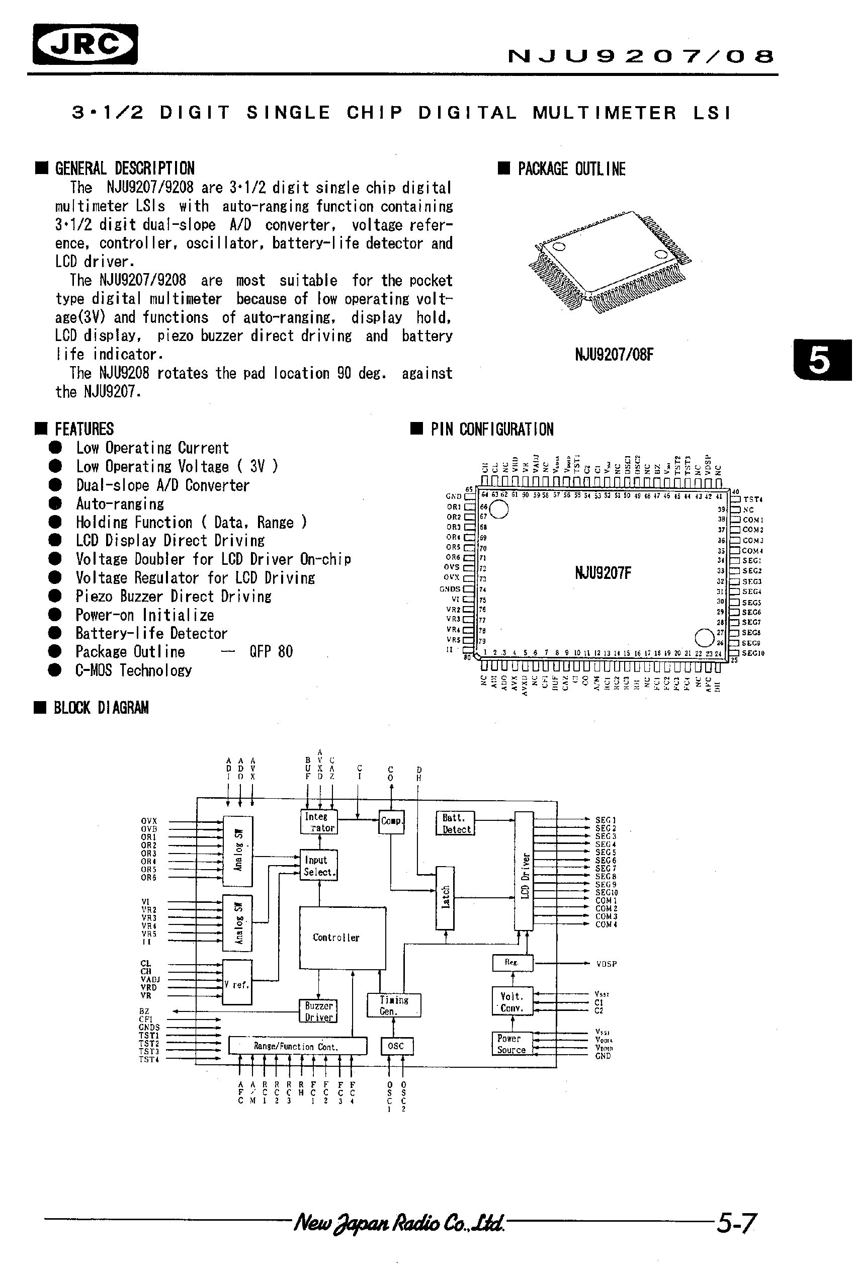 Даташит NJU9207 - 3.1/2 DIGIT SINGLE CHIP DIGITAL MULTIMETER LSI страница 1