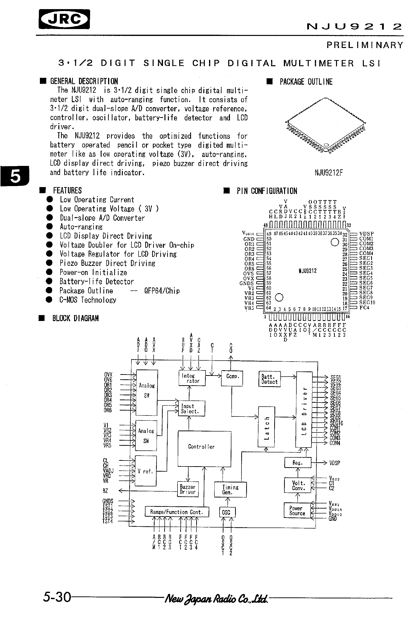 Даташит NJU9212 - 3.1/2 DIGIT SINGLE CHIP DIGITAL MULTIMETER LSI страница 1