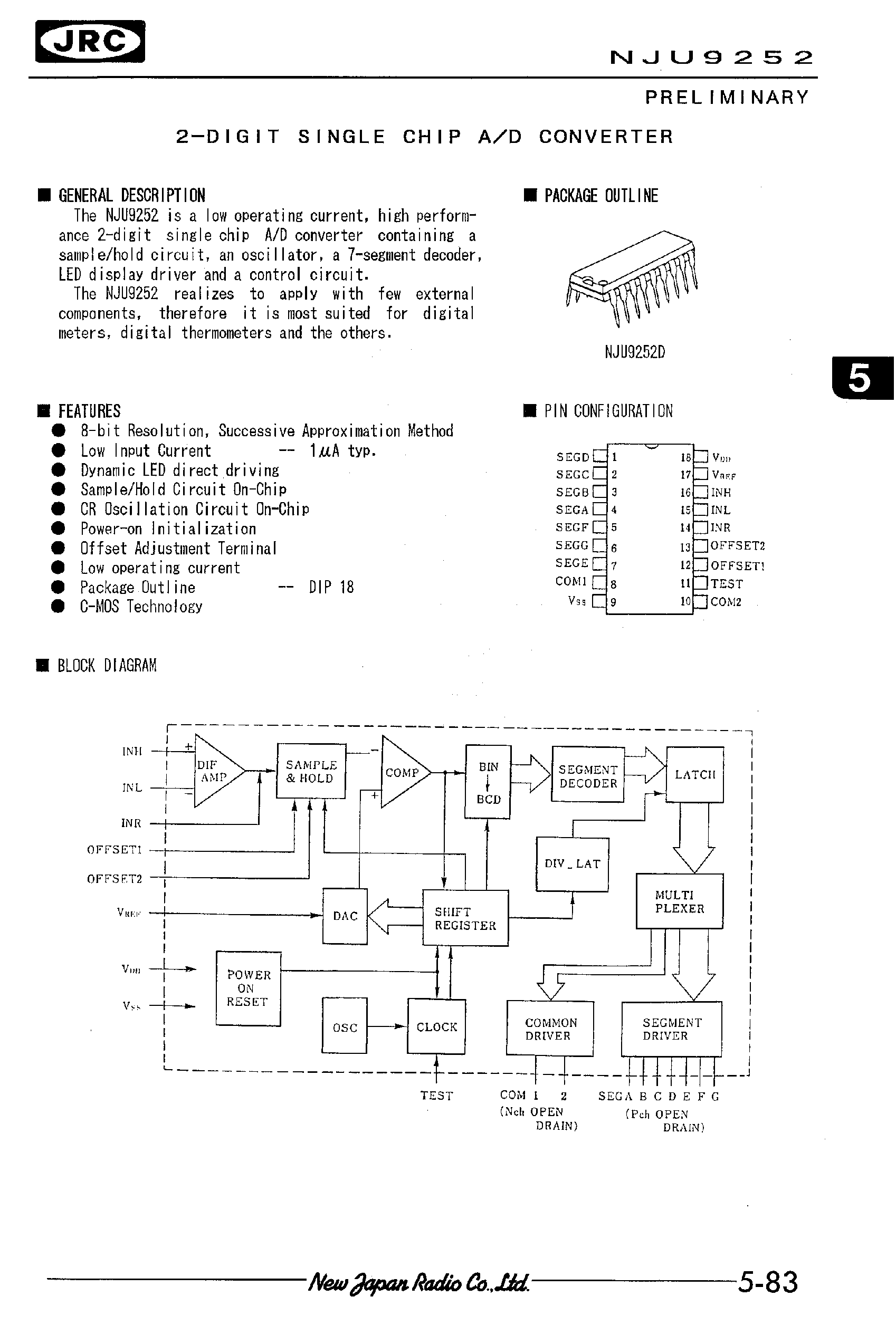 Даташит NJU9252 - 2-DIGIT SINGLE CHIP A/D CONVERTER страница 1