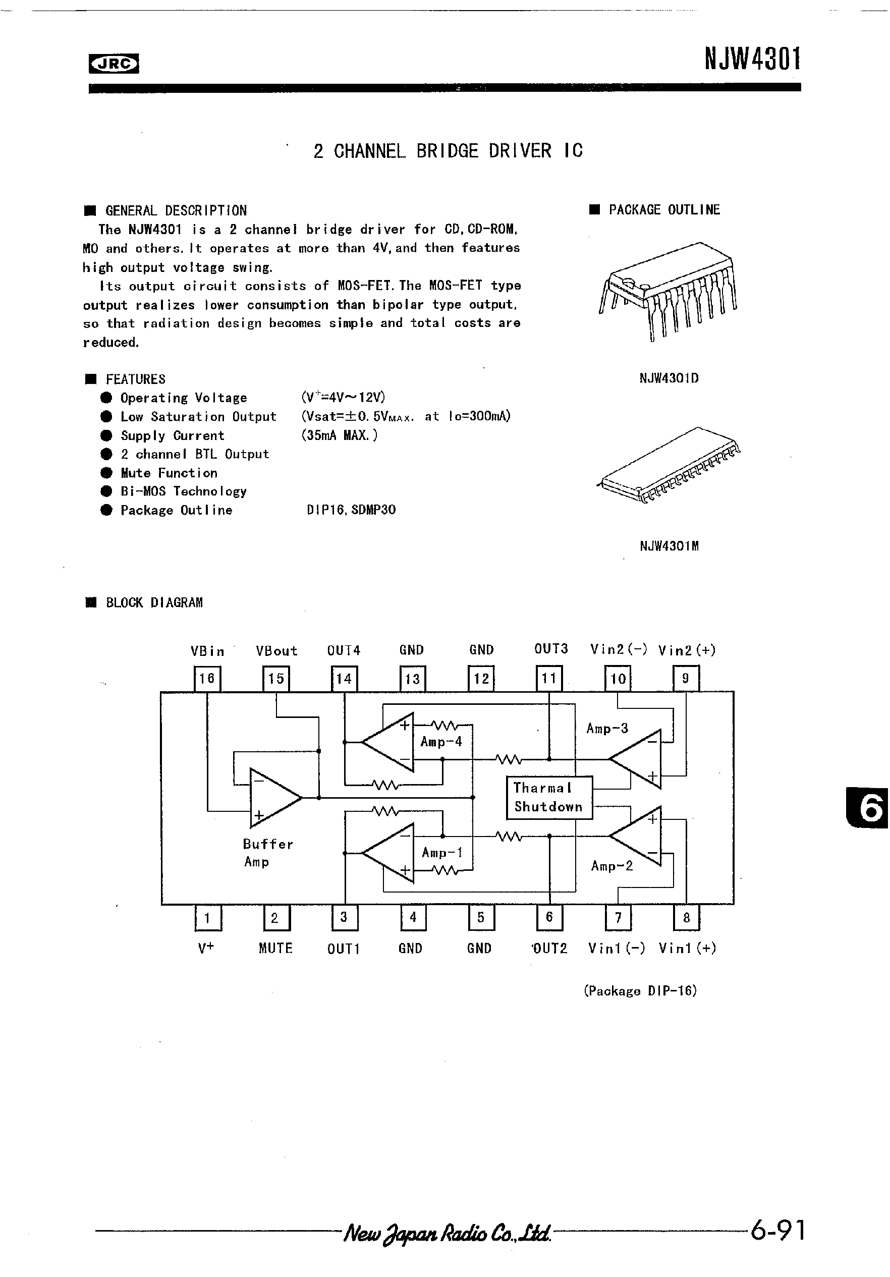 Даташит NJW4301 - 2 CHANNEL BRIDGE DRIVER IC страница 1