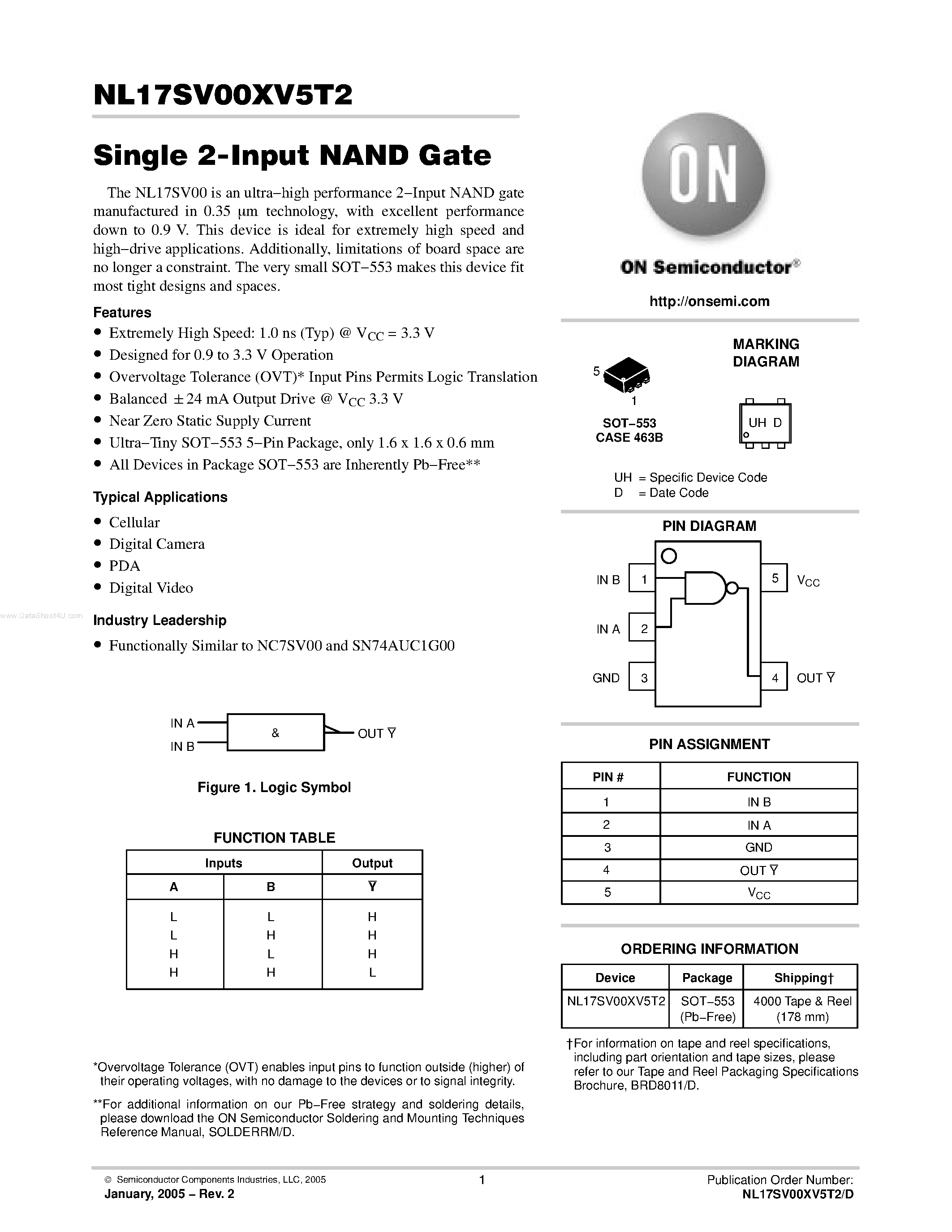 Даташит NL17SV00XV5T2 - Single 2-Input NAND Gate страница 1