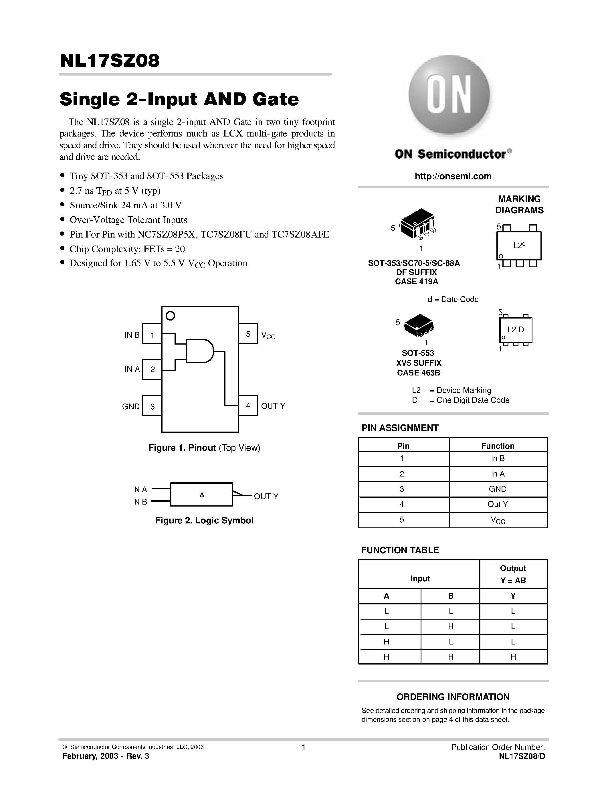 Даташит NL17SZ08 - Single 2-Input AND Gate страница 1