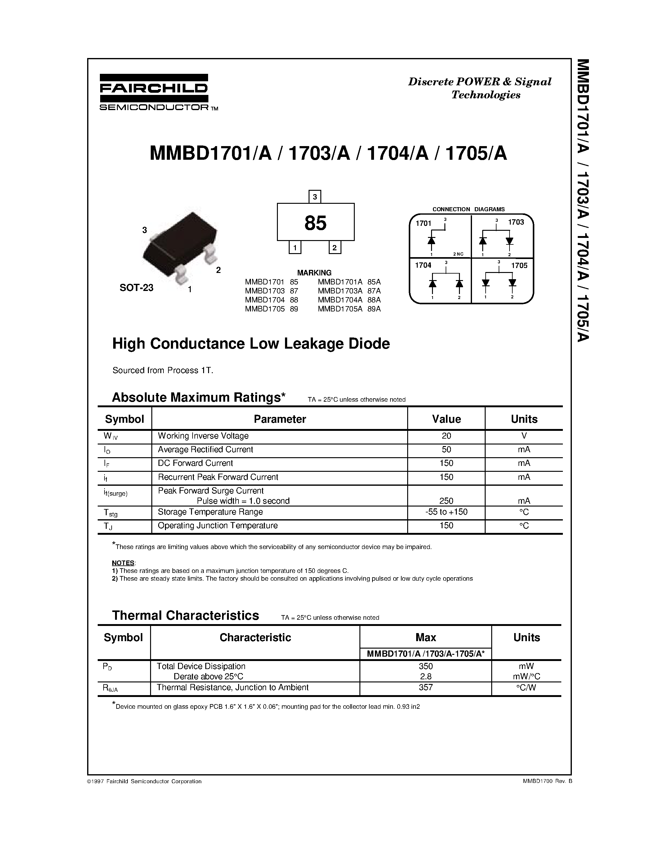 Даташит MMBD1704A - High Conductance Low Leakage Diode страница 1