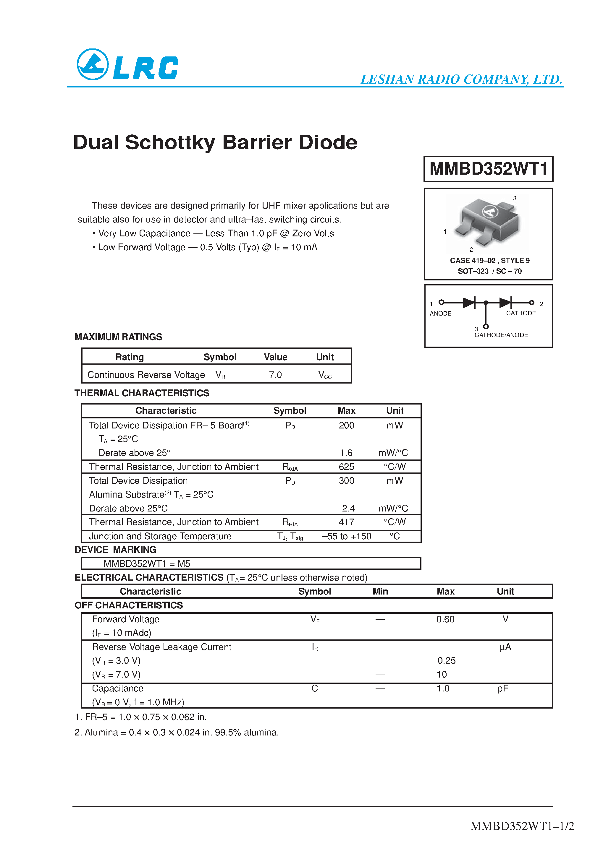 Даташит MMBD352WT1 - Dual Schottky Barrier Diode страница 1