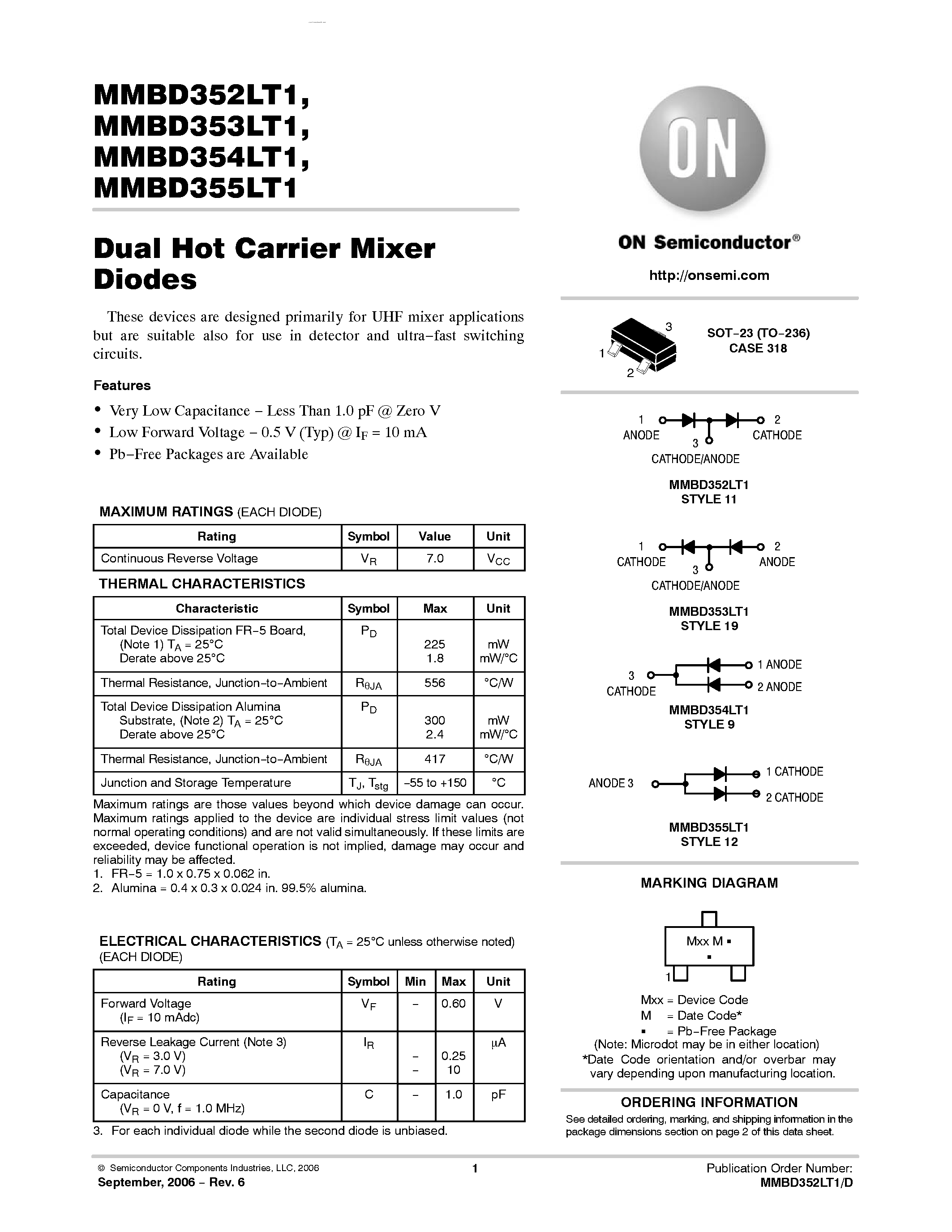 Даташит MMBD353LT1 - Dual Hot Carrier Mixer Diodes страница 1