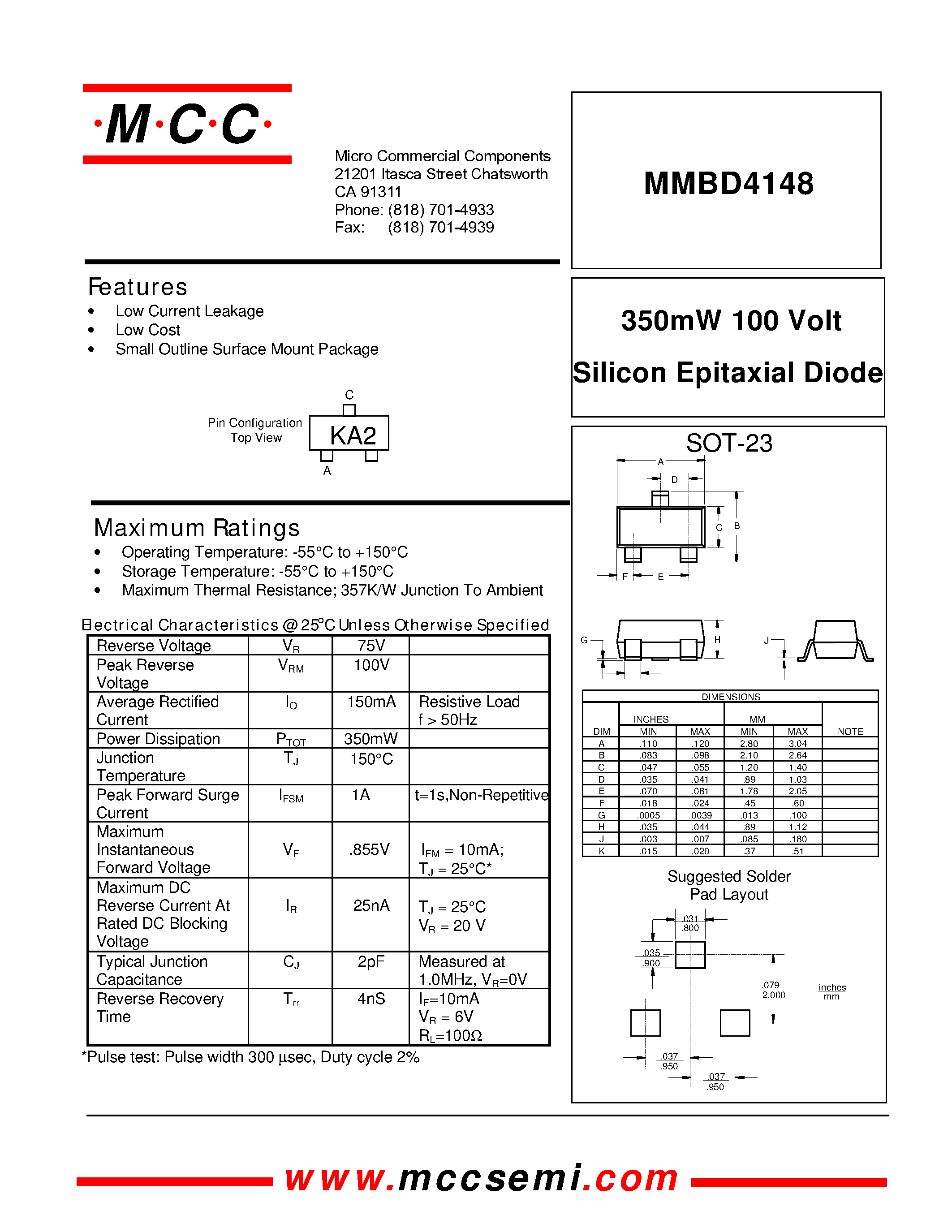 Даташит MMBD4148 - 350mW 100 Volt Silicon Epitaxial Diode страница 1