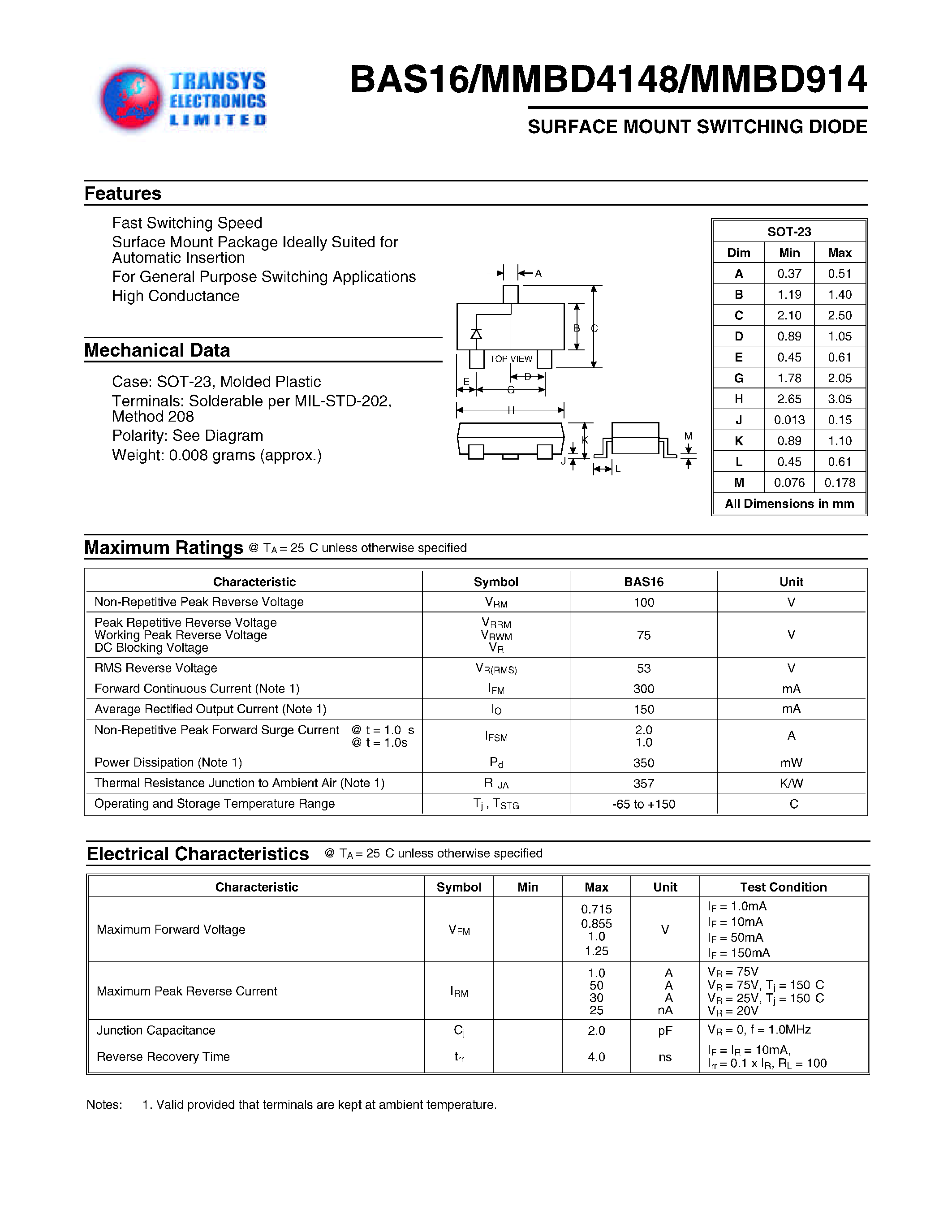 Даташит MMBD4148 - SURFACE MOUNT SWITCHING DIODE страница 1