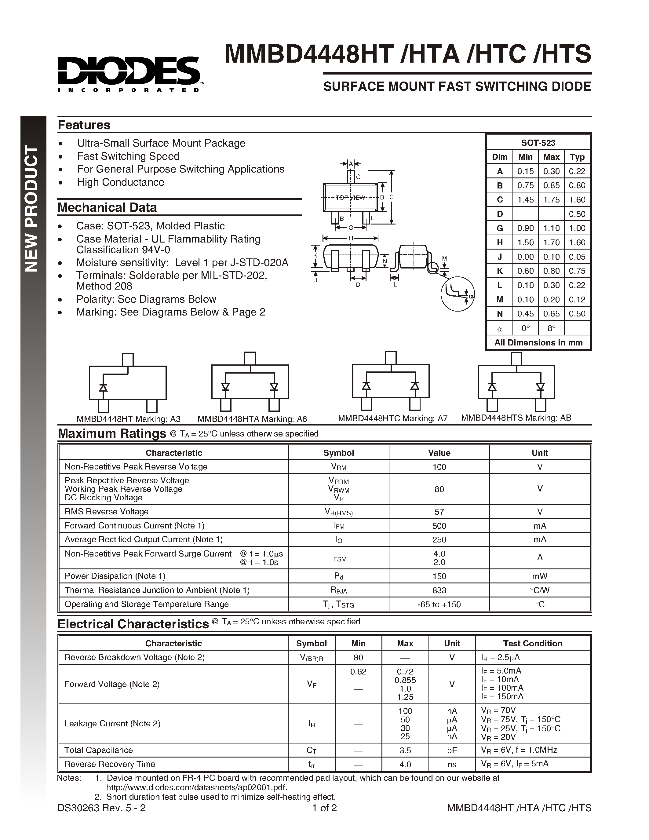 Даташит MMBD4448HT - SURFACE MOUNT FAST SWITCHING DIODE страница 1