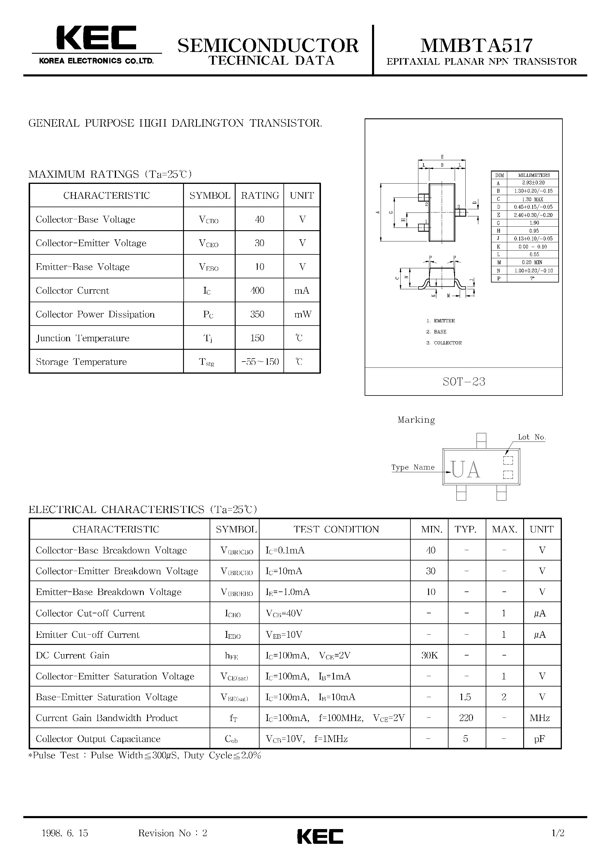 Даташит MMBTA517 - EPITAXIAL PLANAR NPN TRANSISTOR (GENERAL PURPOSE HIGH DARLINGTON TRANSISTOR) страница 1