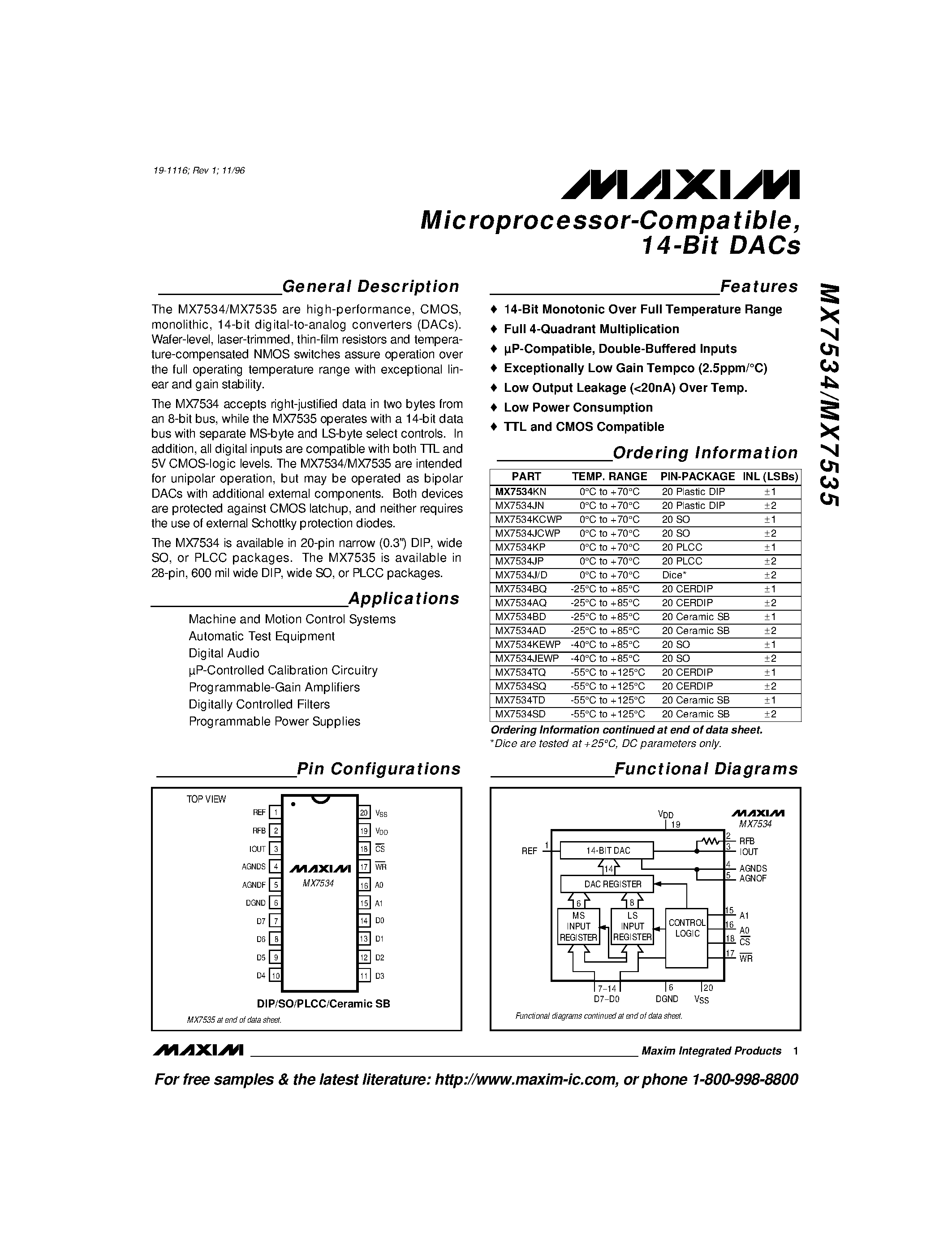 Datasheet MX7534J/D - Microprocessor-Compatible / 14-Bit DACs page 1