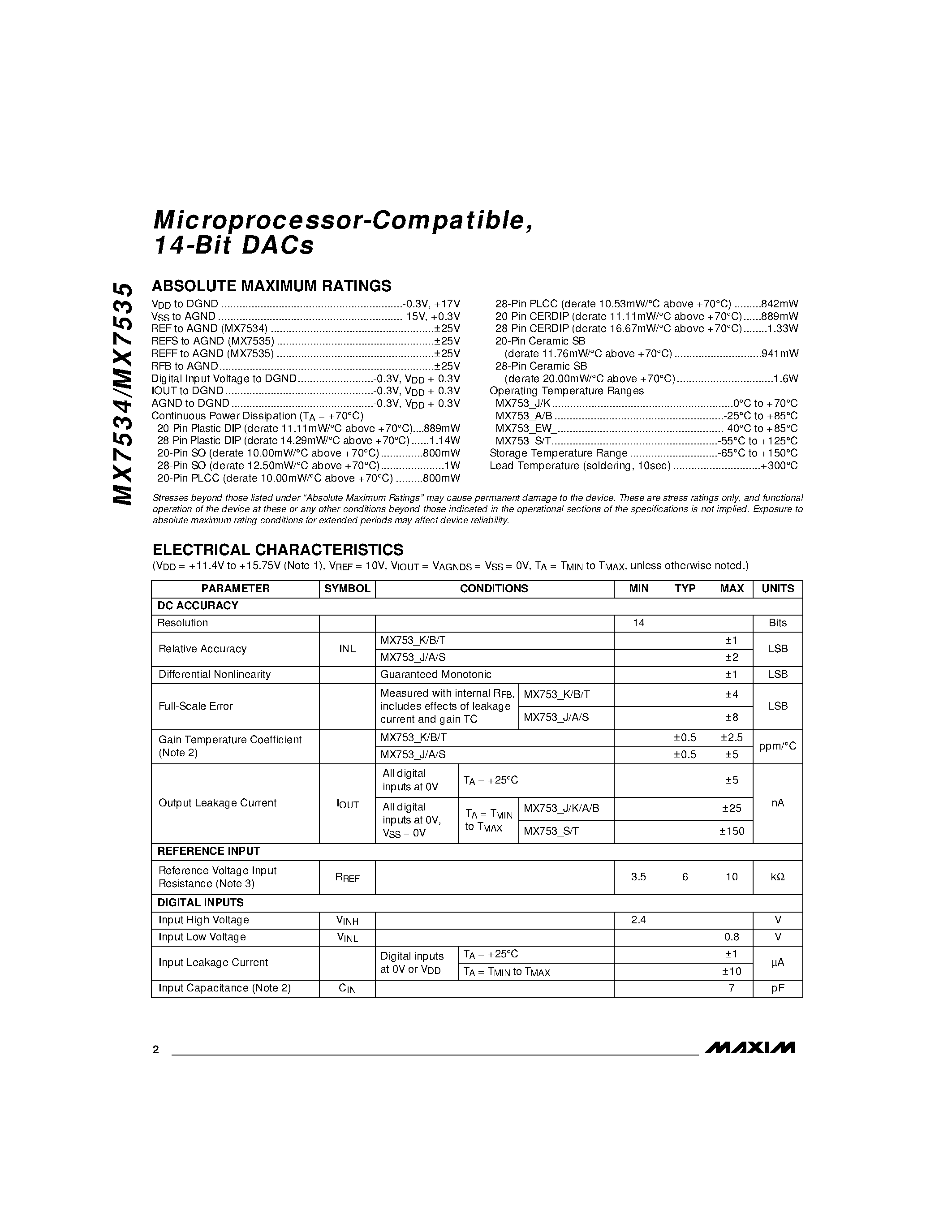 Datasheet MX7534J/D - Microprocessor-Compatible / 14-Bit DACs page 2