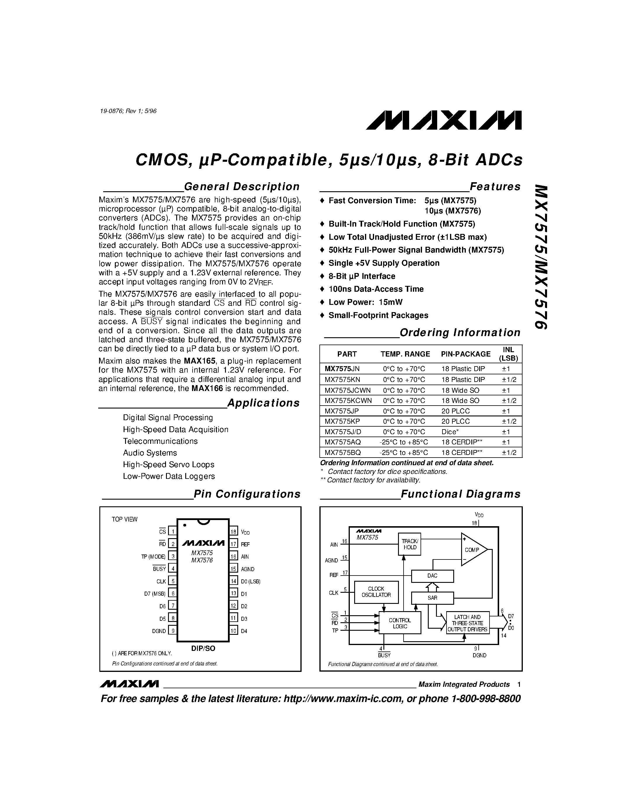 Datasheet MX7575 - CMOS / uP-Compatible / 5s/10s / 8-Bit ADCs page 1