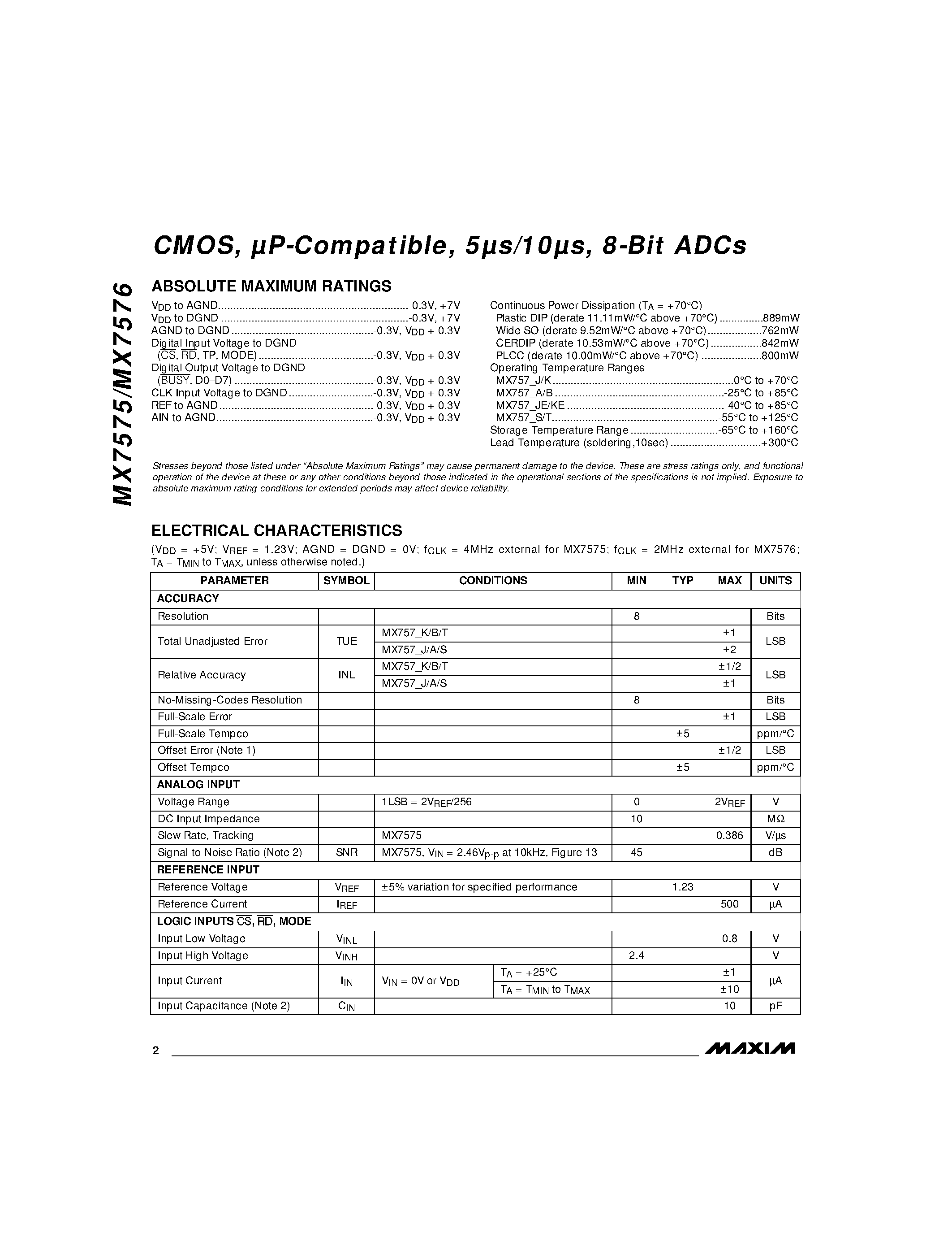 Datasheet MX7575AQ - CMOS / uP-Compatible / 5s/10s / 8-Bit ADCs page 2