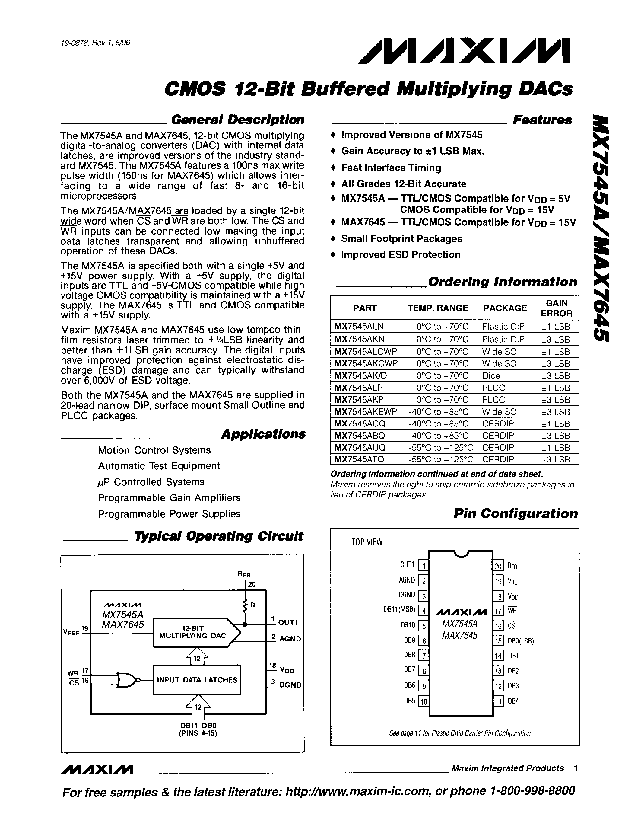 Datasheet MX7645B/D - CMOS 12-Bit Buffered Multiplying DACs page 1